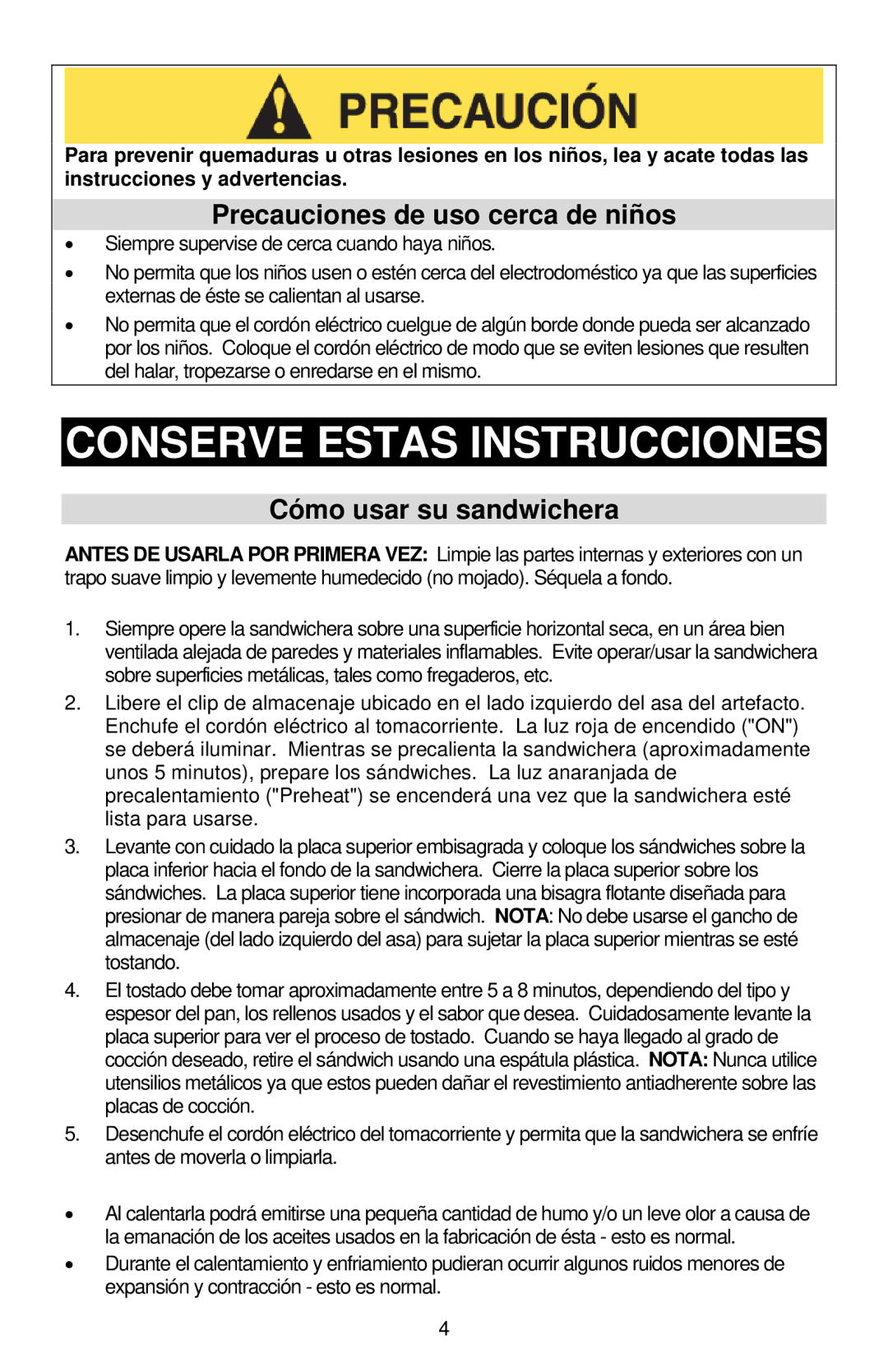 West Bend Sandwich Maker Conserve Estas Instrucciones, Precauciones de uso cerca de niños, Cómo usar su sandwichera 