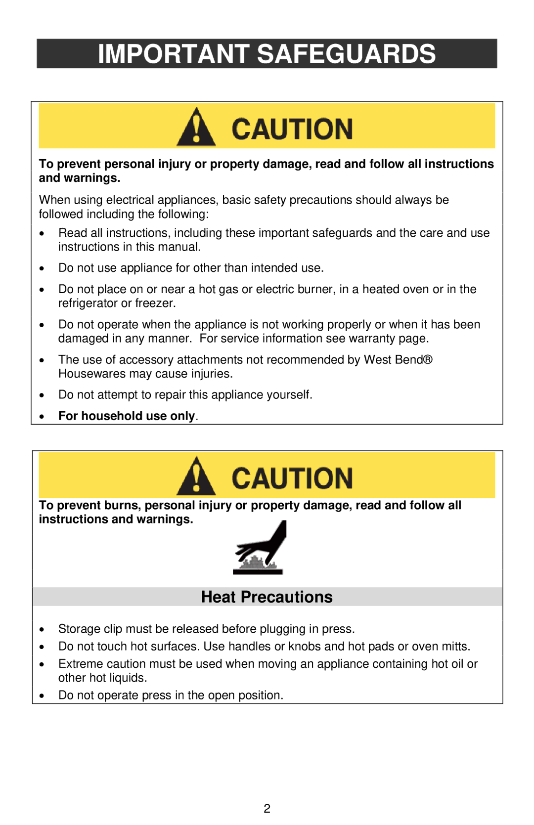 West Bend Sandwich Maker instruction manual Important Safeguards, Heat Precautions 