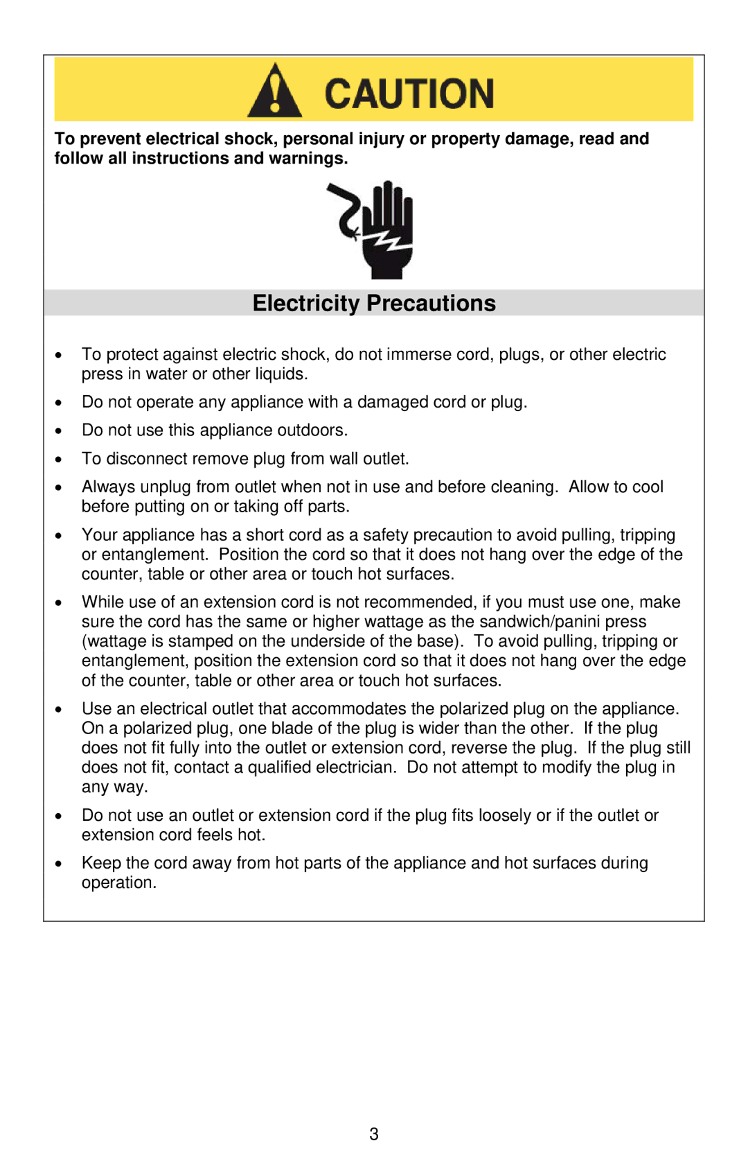 West Bend Sandwich Maker instruction manual Electricity Precautions 