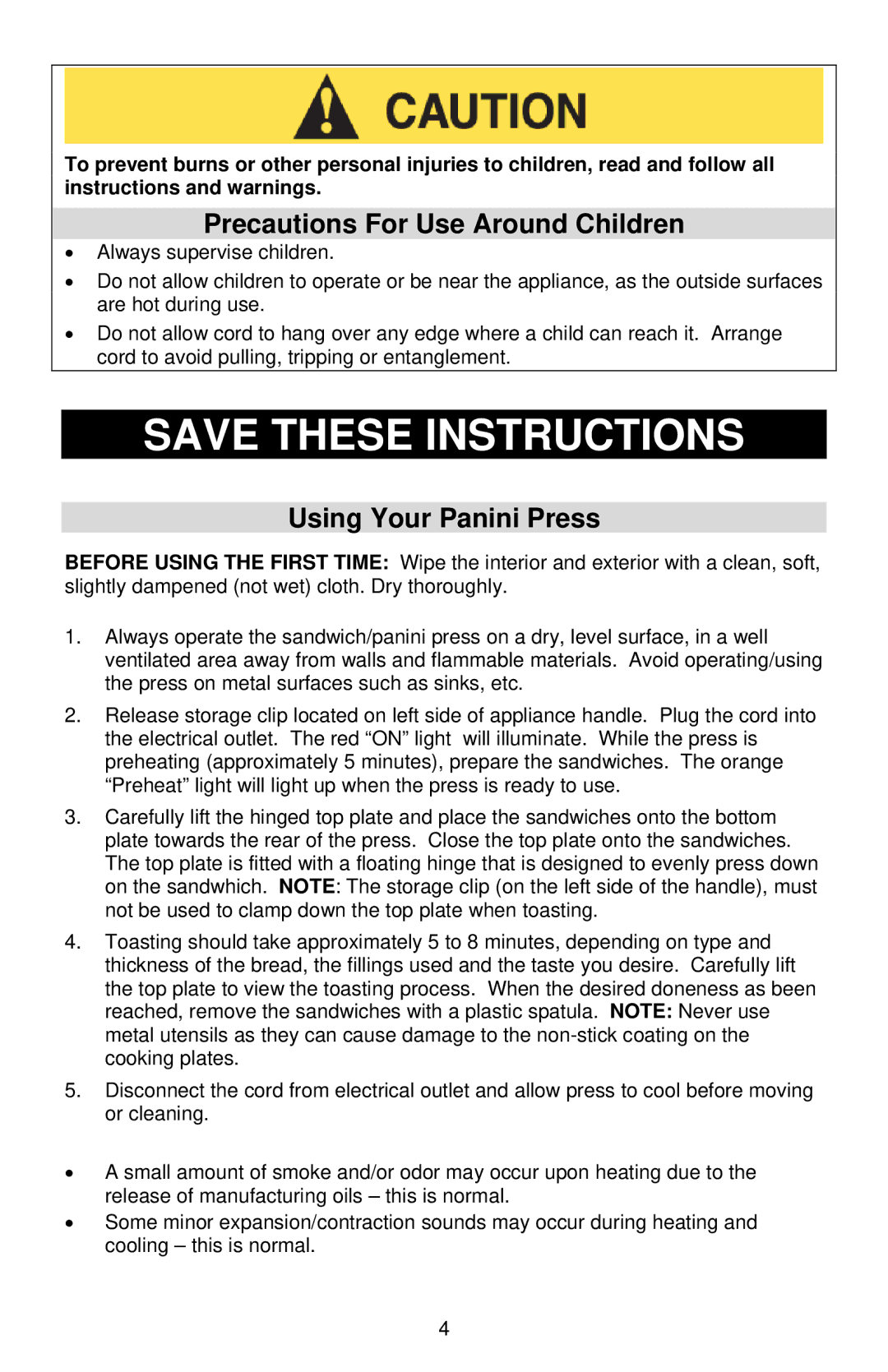 West Bend Sandwich Maker instruction manual Precautions For Use Around Children, Using Your Panini Press 