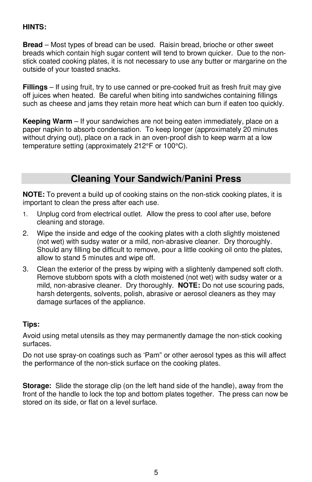 West Bend Sandwich Maker instruction manual Cleaning Your Sandwich/Panini Press, Hints 