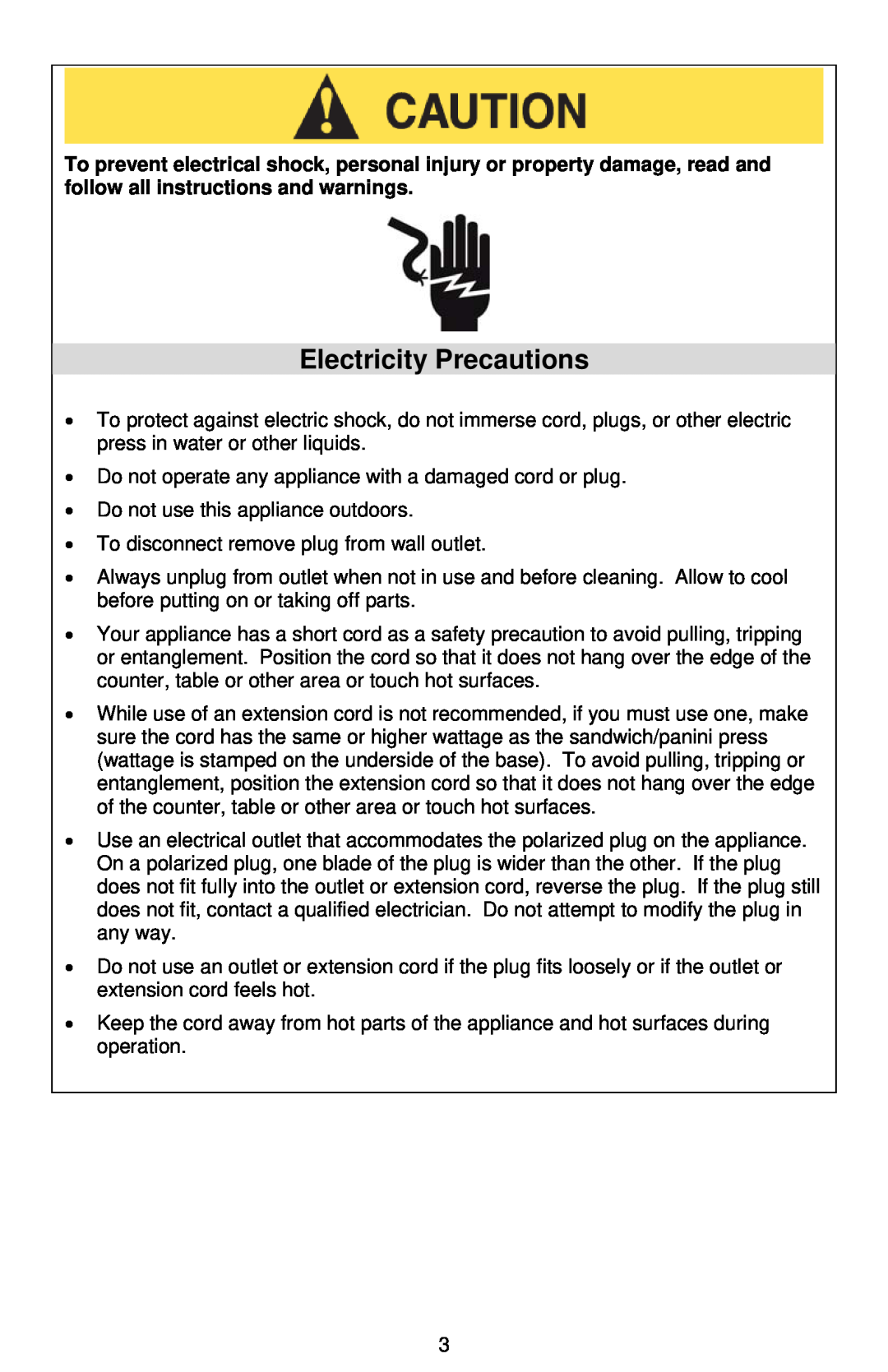 West Bend Sandwich Maker instruction manual Electricity Precautions 