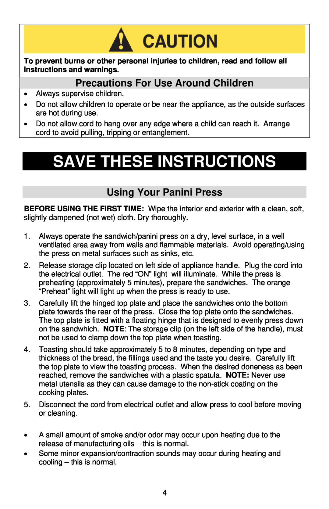 West Bend Sandwich Maker Save These Instructions, Precautions For Use Around Children, Using Your Panini Press 