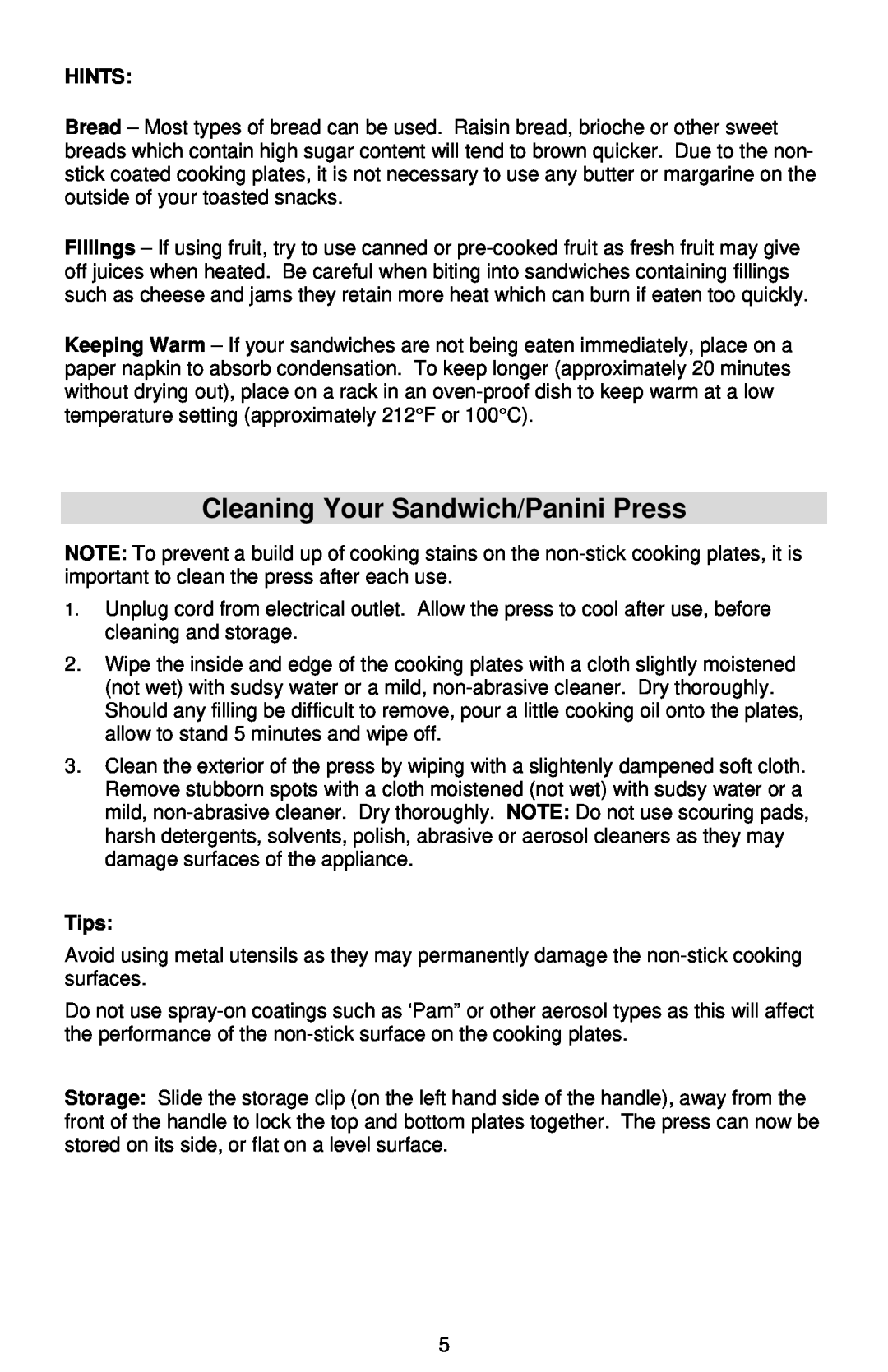 West Bend Sandwich Maker instruction manual Cleaning Your Sandwich/Panini Press, Hints, Tips 