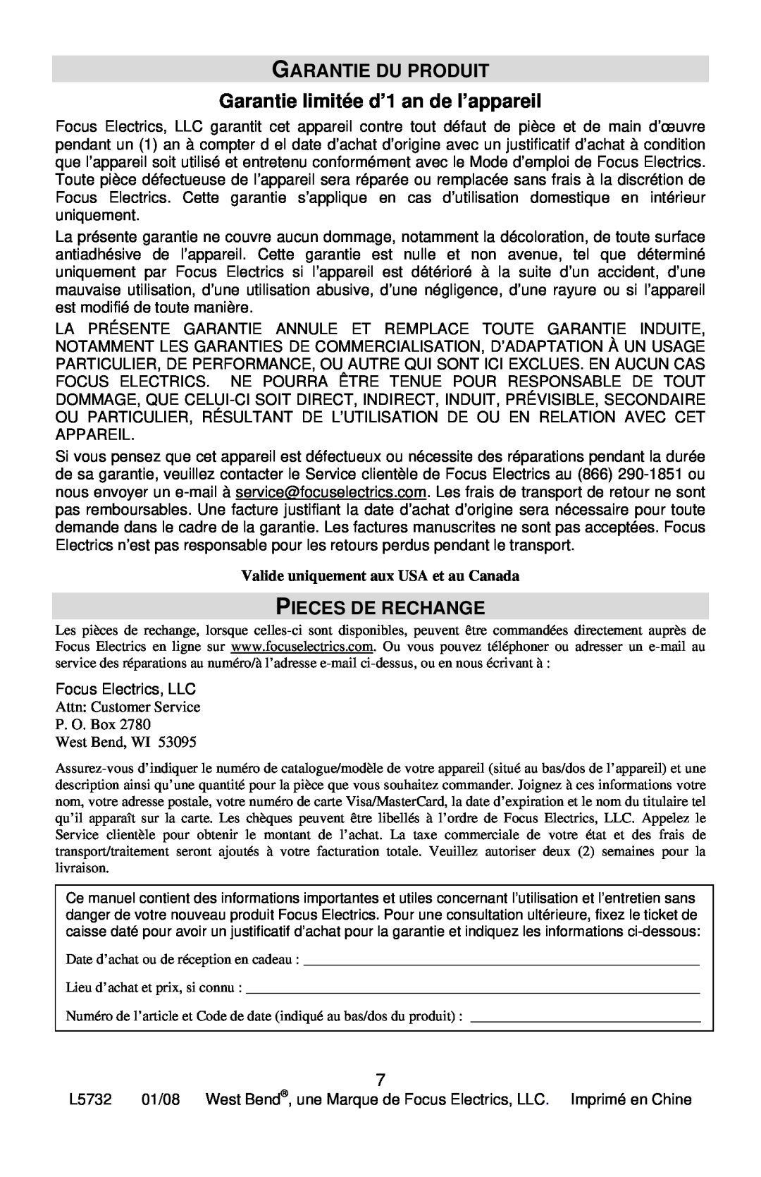 West Bend L5732, SHCM100 instruction manual Garantie Du Produit, Garantie limitée d’1 an de l’appareil, Pieces De Rechange 