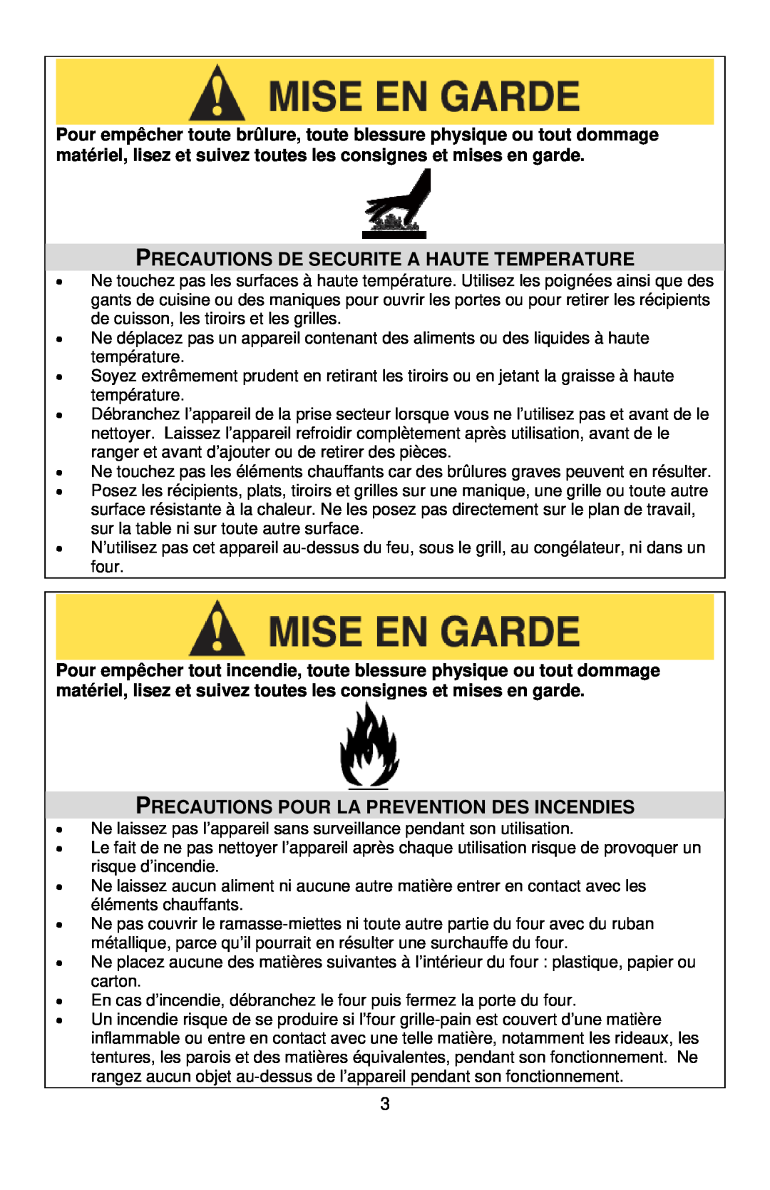 West Bend L5704, SHTO100 Precautions De Securite A Haute Temperature, Precautions Pour La Prevention Des Incendies 