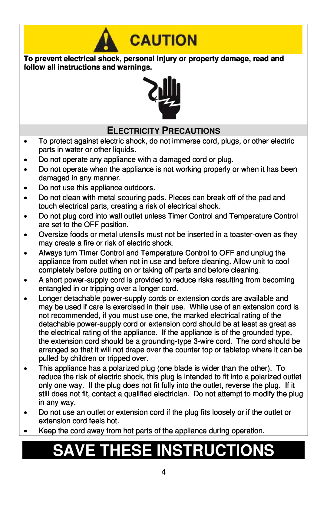 West Bend SHTO100, L5704 instruction manual Save These Instructions, Electricity Precautions 