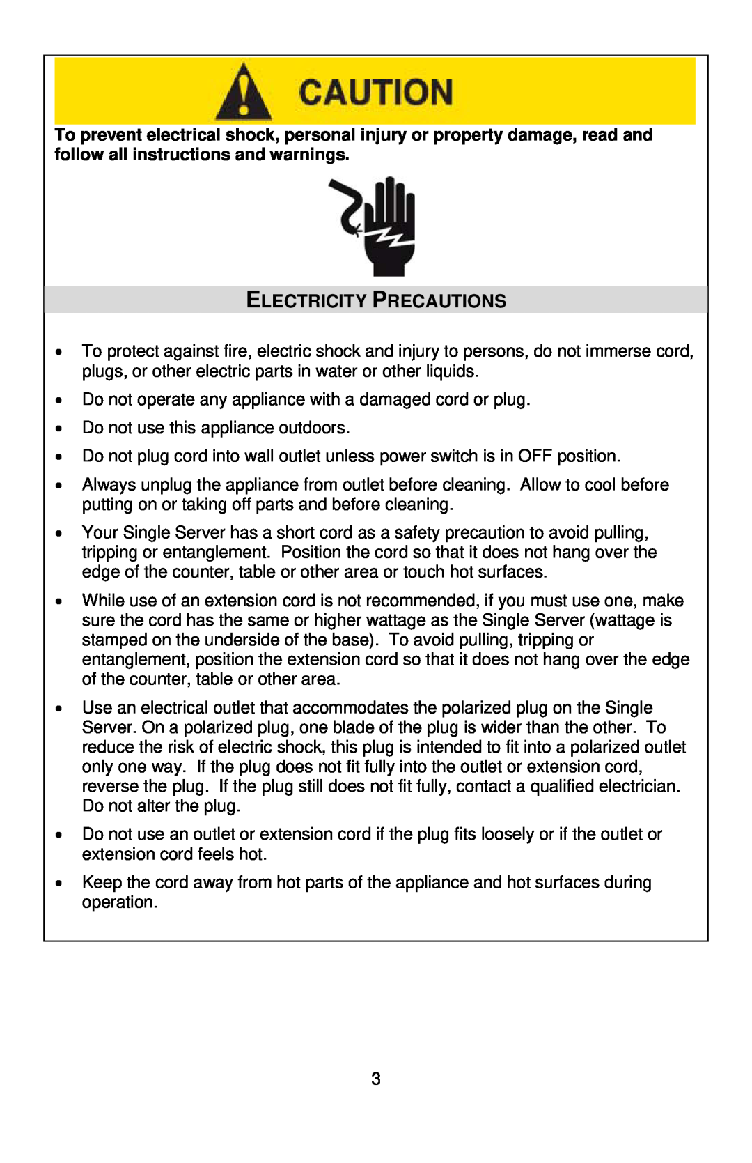 West Bend SINGLE SERVE COFFEEMAKER instruction manual Electricity Precautions 