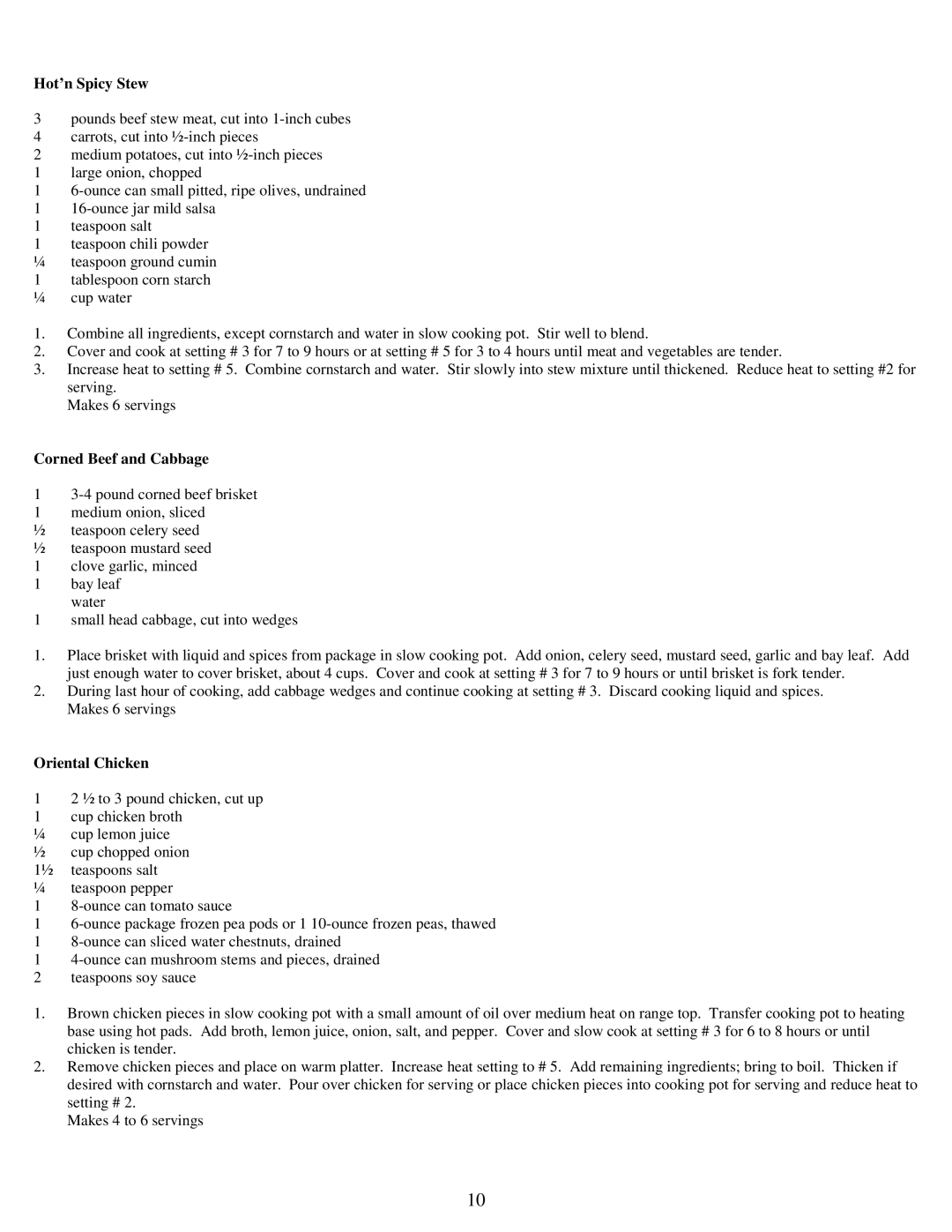 West Bend Slow Cooker instruction manual Hot’n Spicy Stew, Corned Beef and Cabbage, Oriental Chicken 