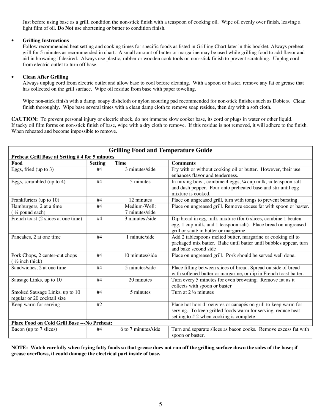 West Bend Slow Cooker instruction manual Grilling Instructions, Clean After Grilling, Place Food on Cold Grill Base 