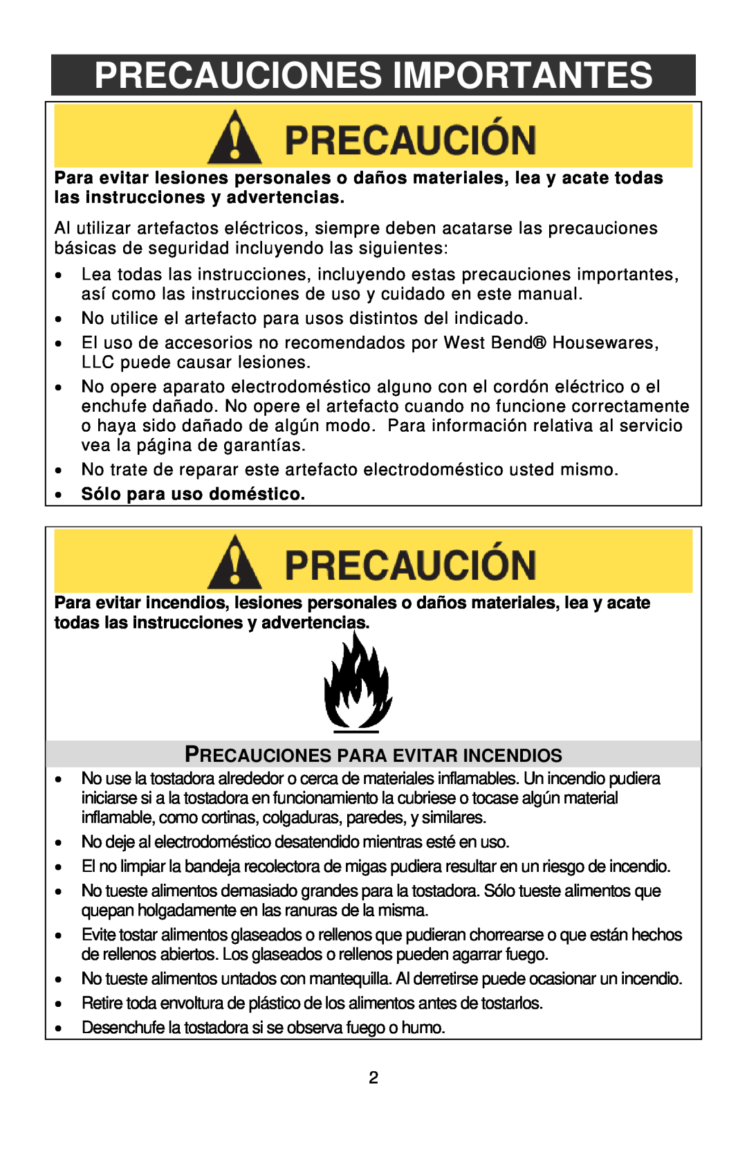 West Bend STAINLESS STEEL TOASTER instruction manual Precauciones Importantes, Precauciones Para Evitar Incendios 