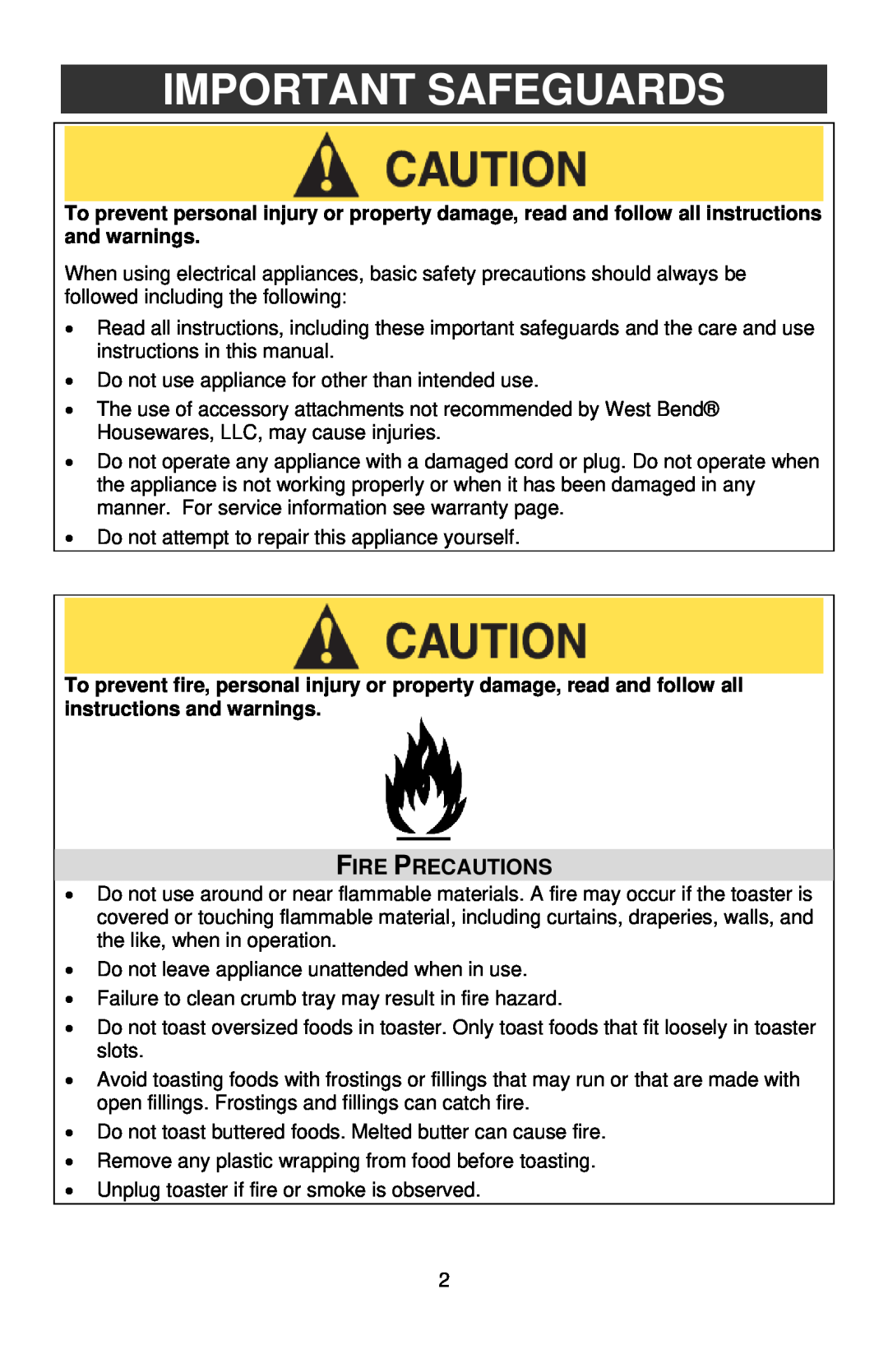 West Bend STAINLESS STEEL TOASTER instruction manual Important Safeguards, Fire Precautions 