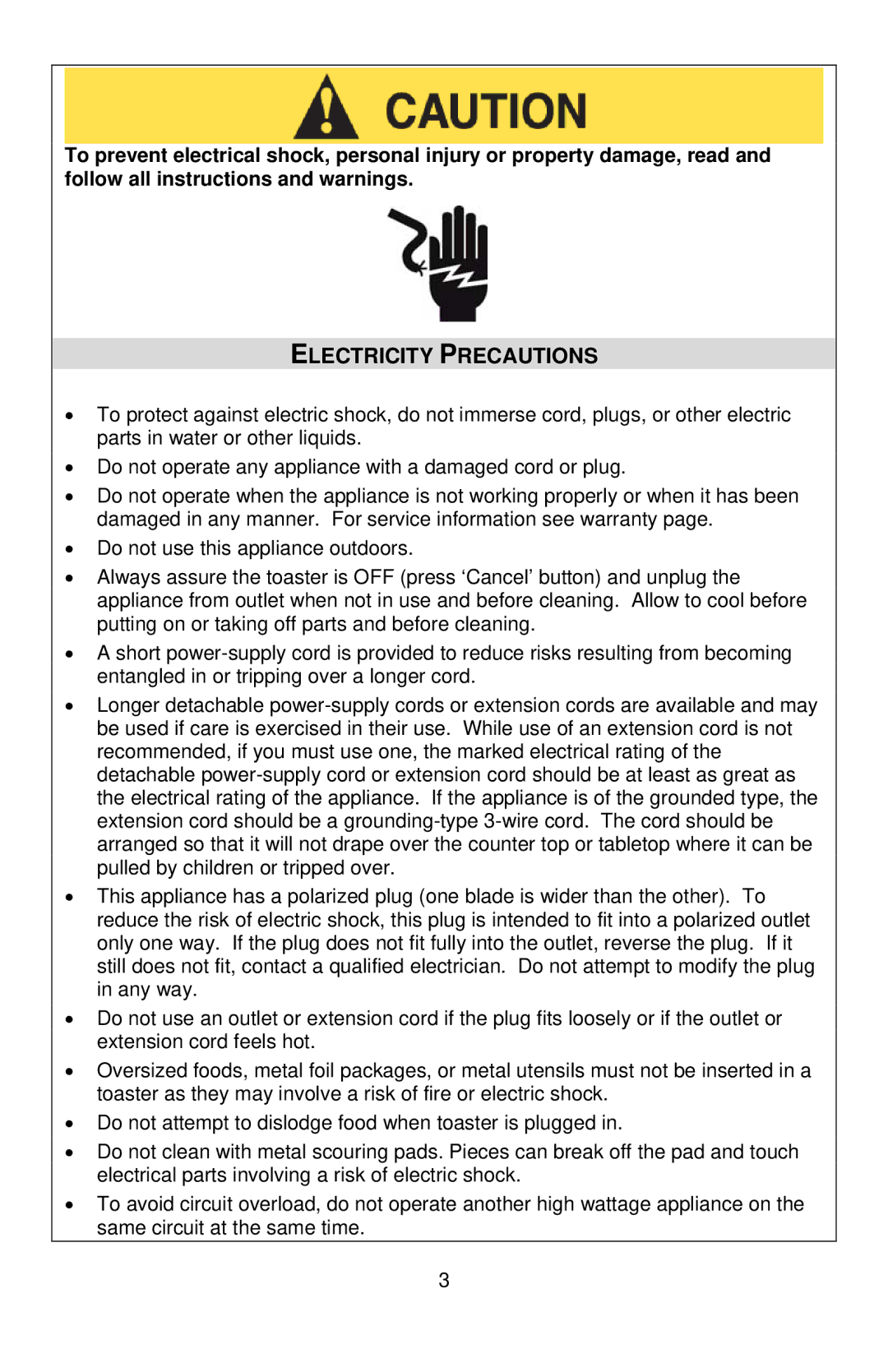 West Bend Studio Toaster instruction manual Electricity Precautions 