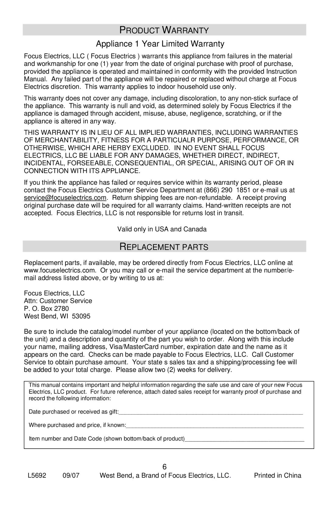 West Bend Studio Toaster instruction manual Product Warranty, Replacement Parts 