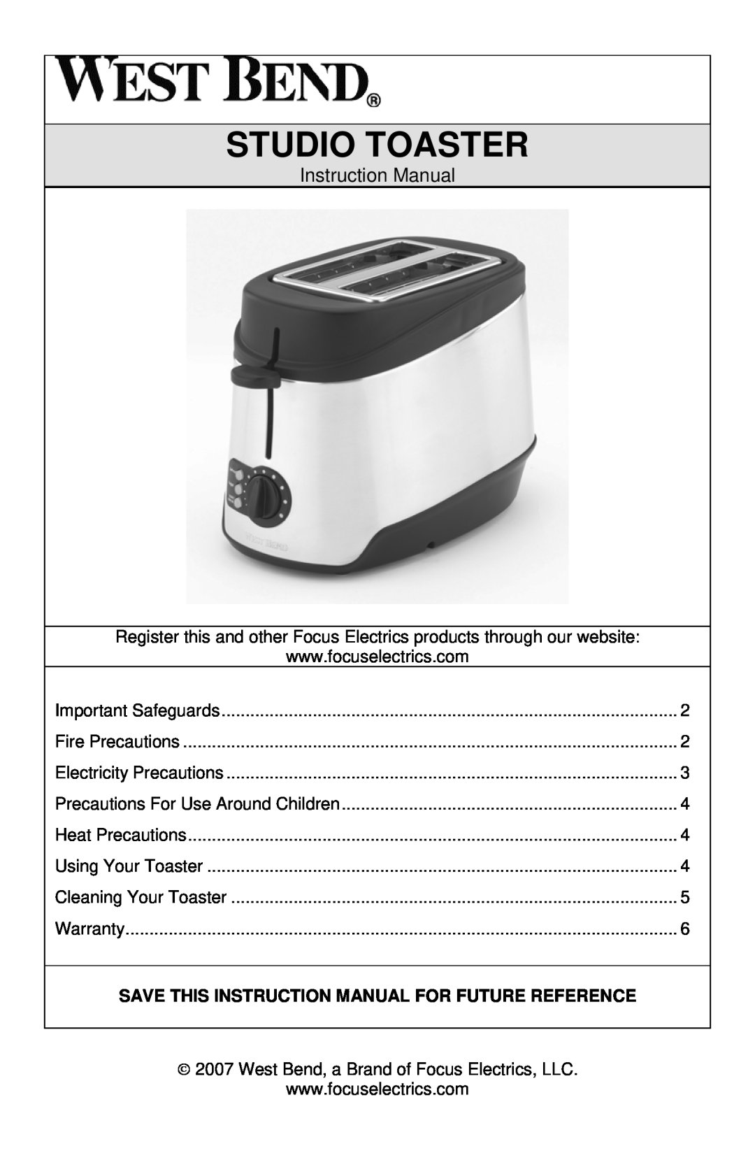 West Bend Studio Toaster instruction manual 