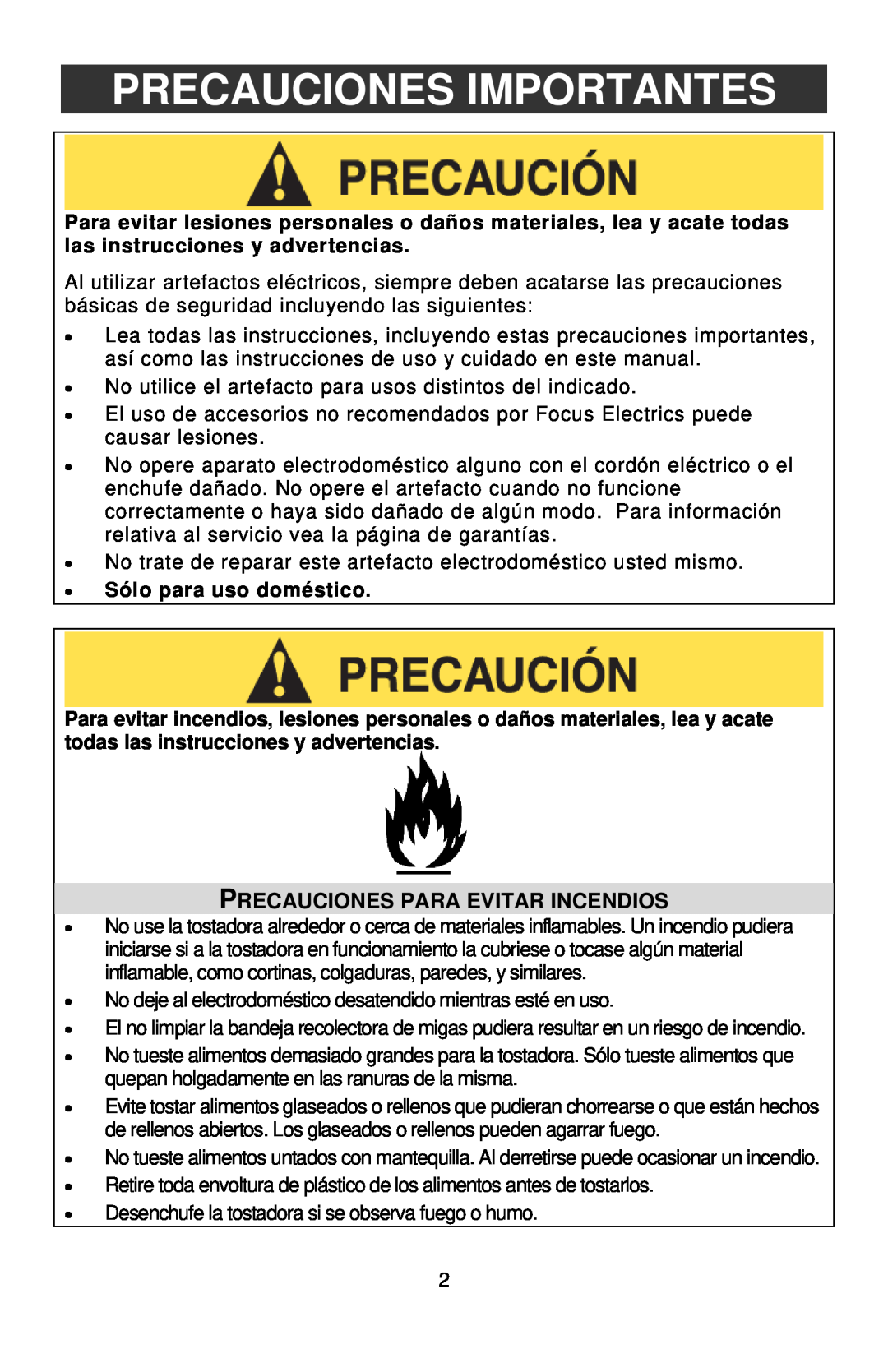 West Bend Studio Toaster instruction manual Precauciones Importantes, Precauciones Para Evitar Incendios 