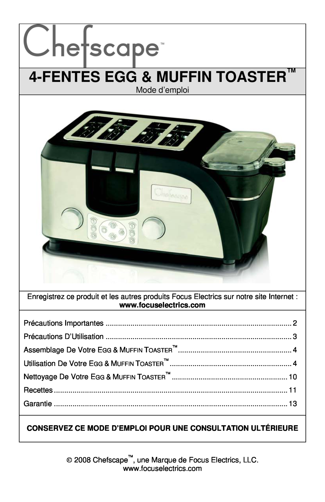 West Bend TEMPR, L5748 instruction manual Fentesegg & Muffin Toaster, Mode d’emploi 