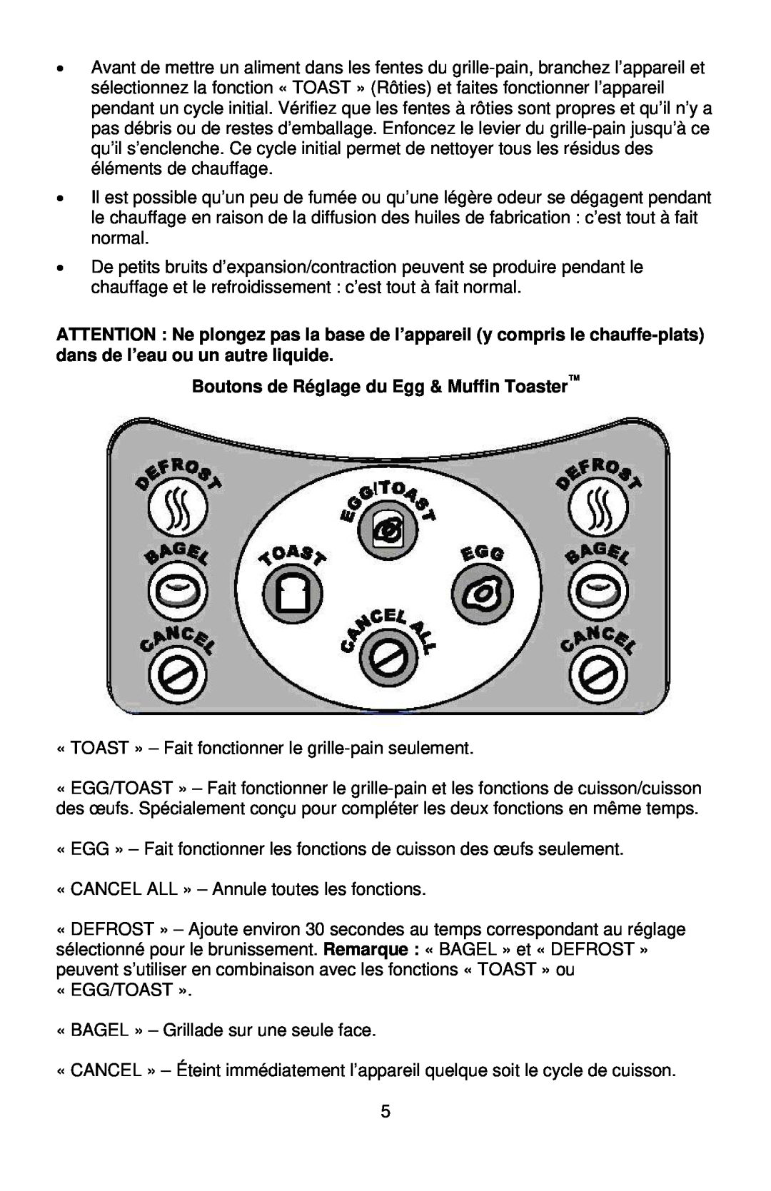 West Bend TEMPR, L5748 instruction manual Boutons de Réglage du Egg & Muffin Toaster 