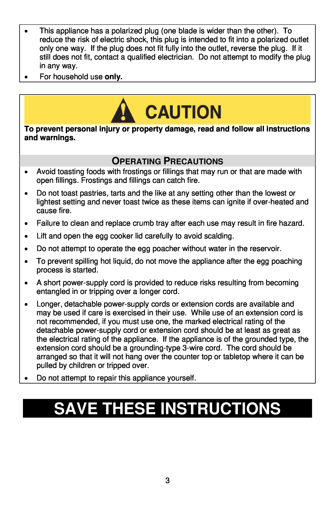 West Bend L5748, TEMPR instruction manual Save These Instructions, Operating Precautions 