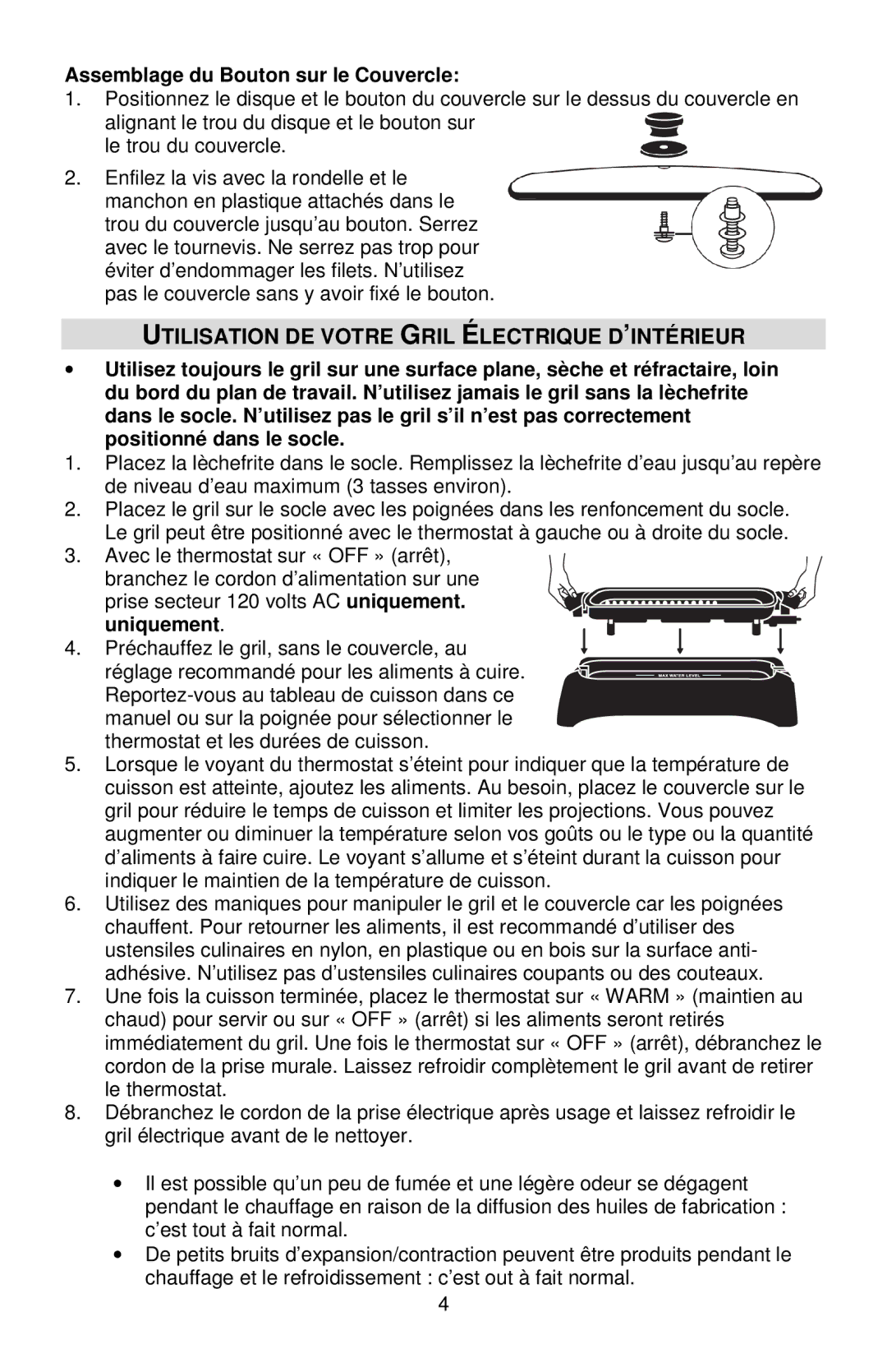 West Bend VTX 1000 Utilisation DE Votre Gril Électrique D’INTÉRIEUR, Assemblage du Bouton sur le Couvercle 