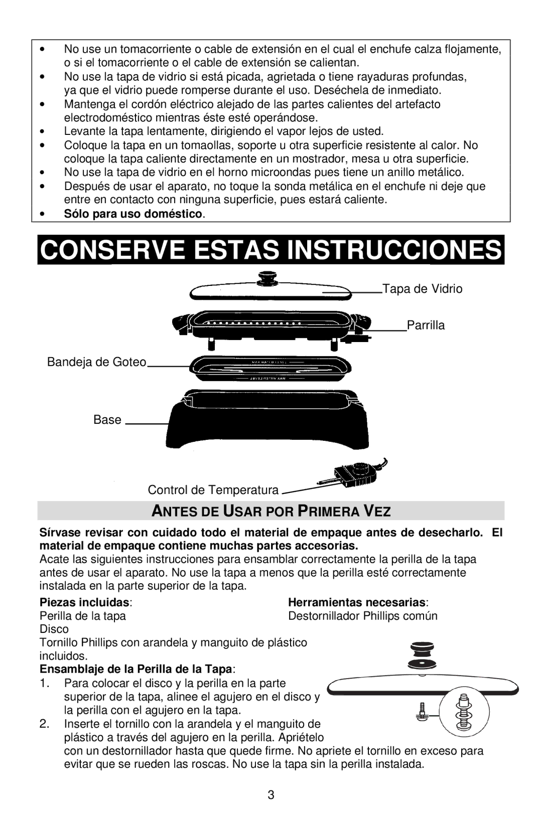 West Bend VTX 1000 instruction manual Conserve Estas Instrucciones, Antes DE Usar POR Primera VEZ, Sólo para uso doméstico 