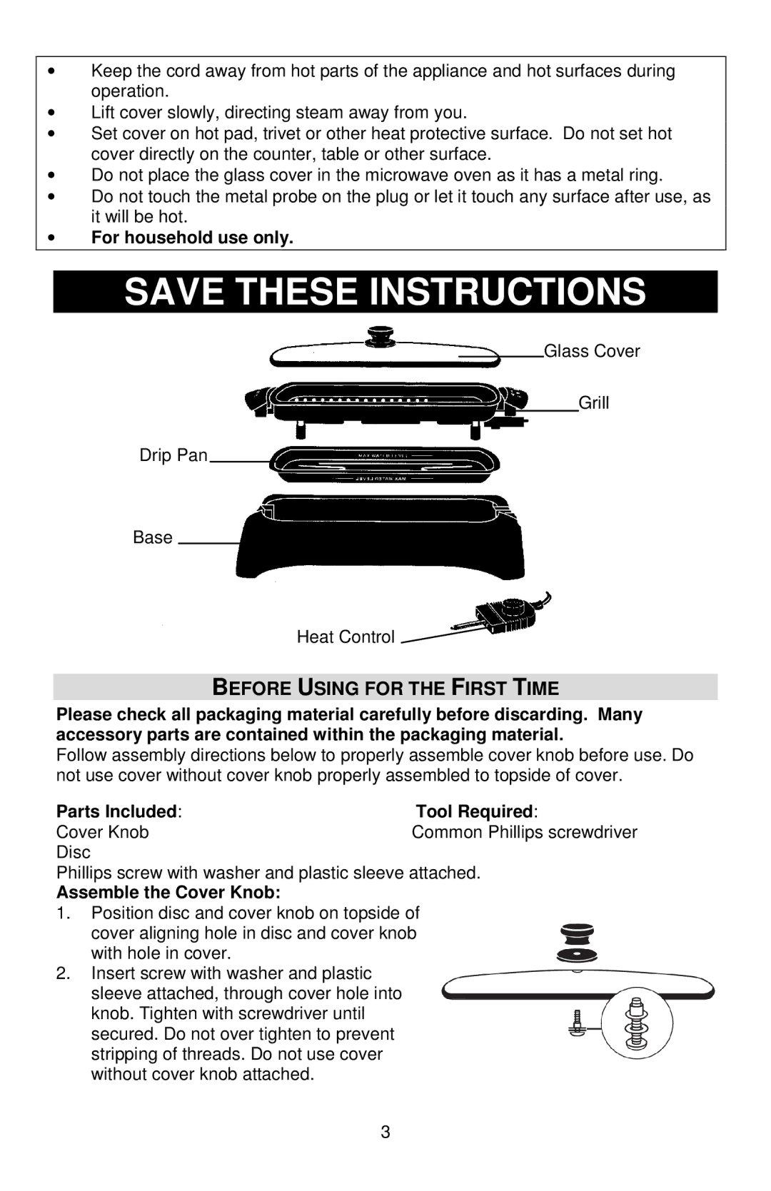 West Bend VTX 1000 instruction manual Before Using for the First Time, For household use only, Parts Included Tool Required 