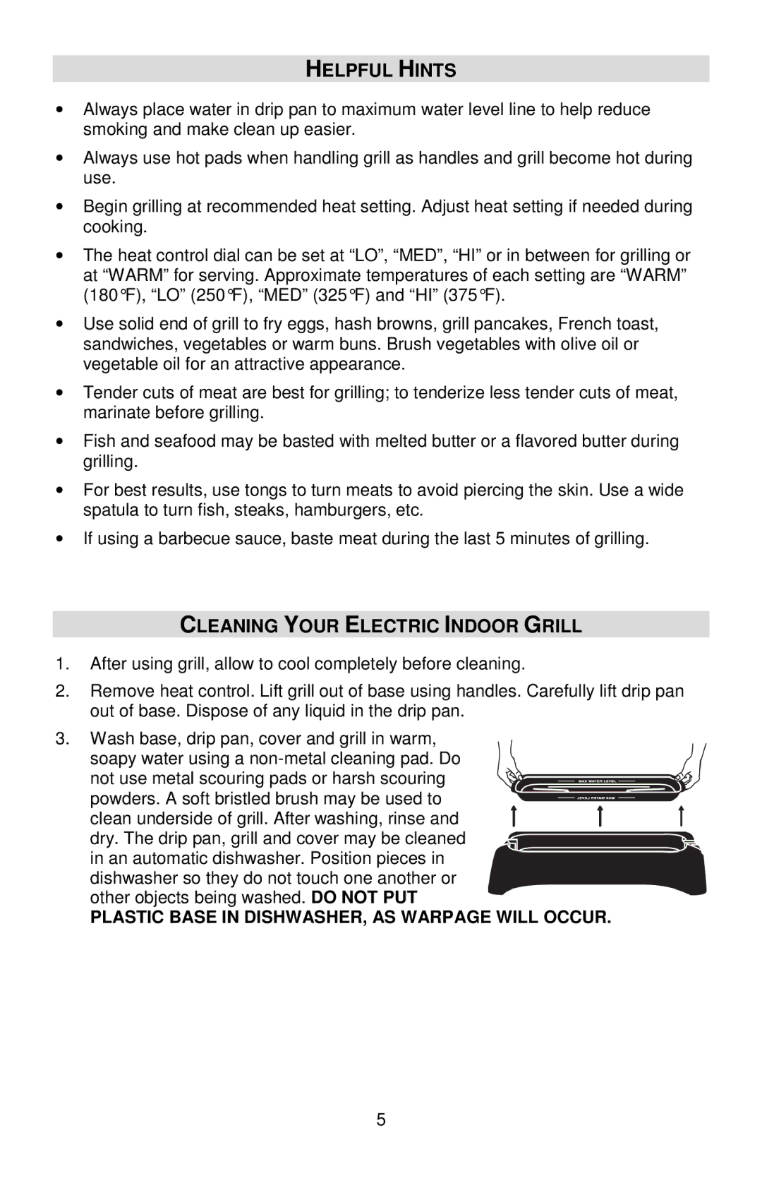 West Bend VTX 1000 instruction manual Helpful Hints, Cleaning Your Electric Indoor Grill 