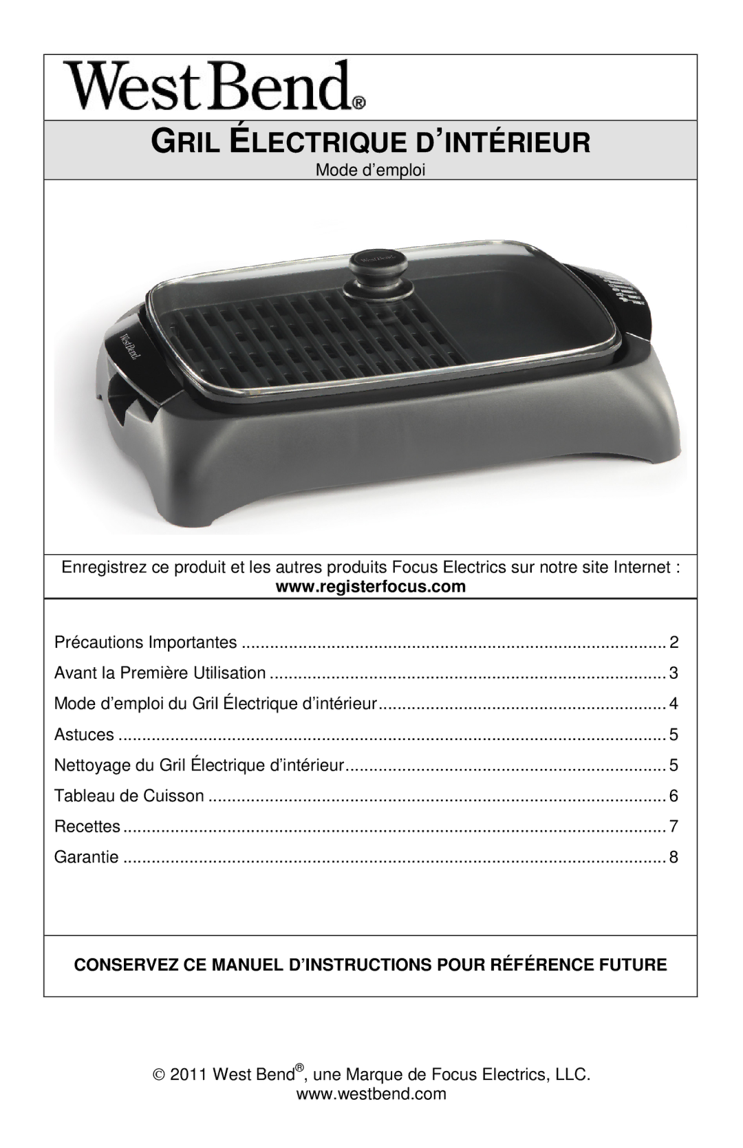 West Bend VTX 1000 instruction manual Gril Électrique D’INTÉRIEUR 