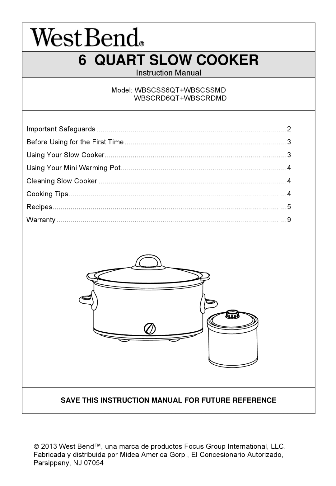 West Bend WBSCSSMD, WBSCSS6QT, WBSCRD6QT, WBSCRDMD instruction manual Quart Slow Cooker 