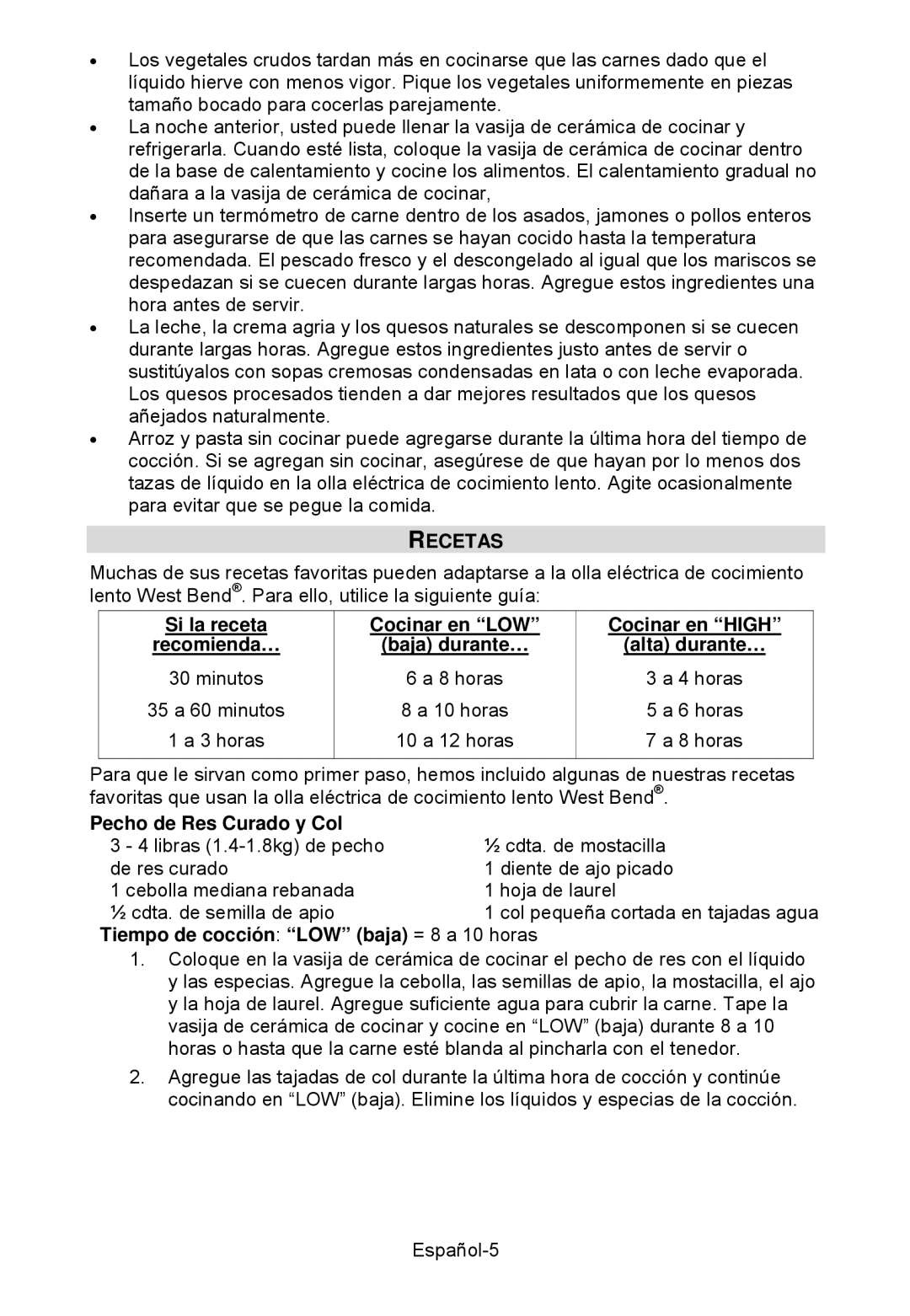 West Bend WBSCRD6QT, WBSCSS6QT, WBSCSSMD Recetas, Si la receta Cocinar en LOW Cocinar en High, Pecho de Res Curado y Col 