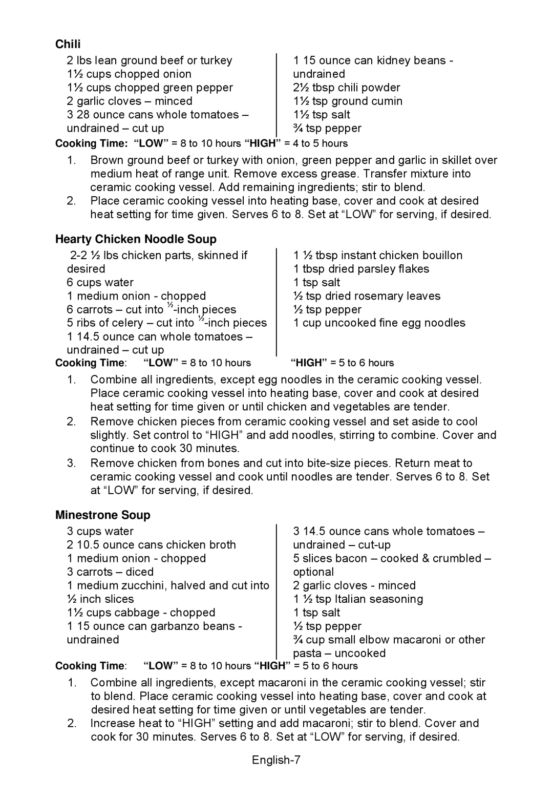 West Bend WBSCRDMD, WBSCSS6QT, WBSCSSMD, WBSCRD6QT instruction manual Chili, Hearty Chicken Noodle Soup, Minestrone Soup 