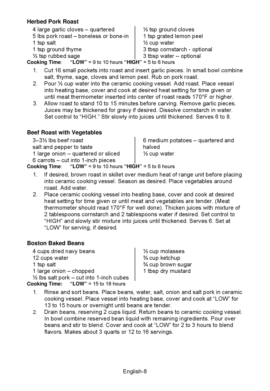 West Bend WBSCSS6QT, WBSCSSMD, WBSCRD6QT, WBSCRDMD Herbed Pork Roast, Beef Roast with Vegetables, Boston Baked Beans 