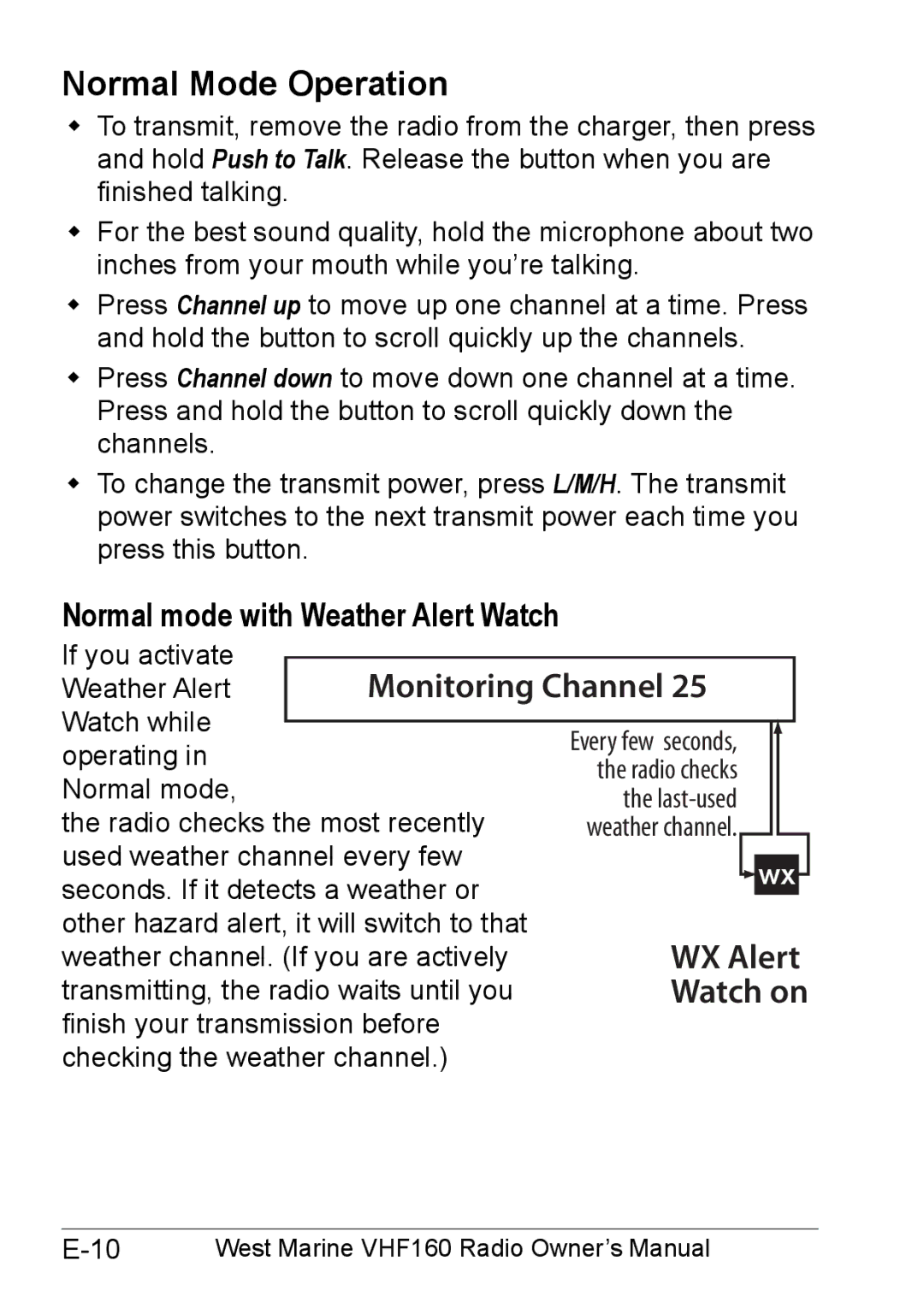 West Marine 14078562 manual Normal Mode Operation, Normal mode with Weather Alert Watch 