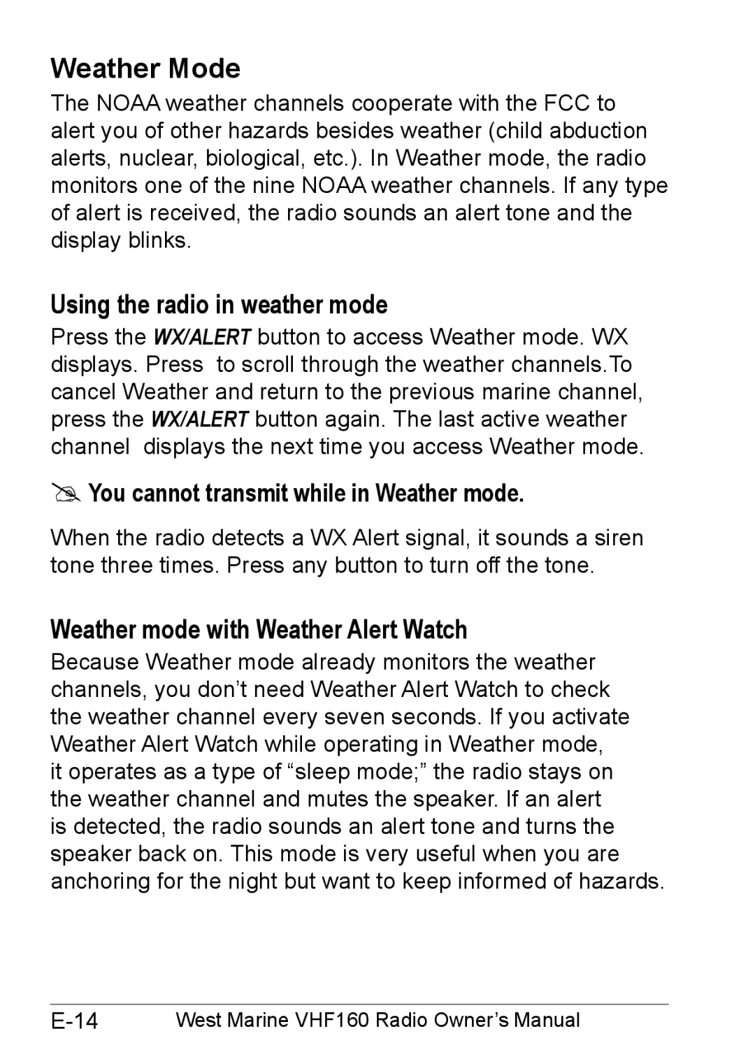 West Marine 14078562 manual Weather Mode, Using the radio in weather mode, Weather mode with Weather Alert Watch 