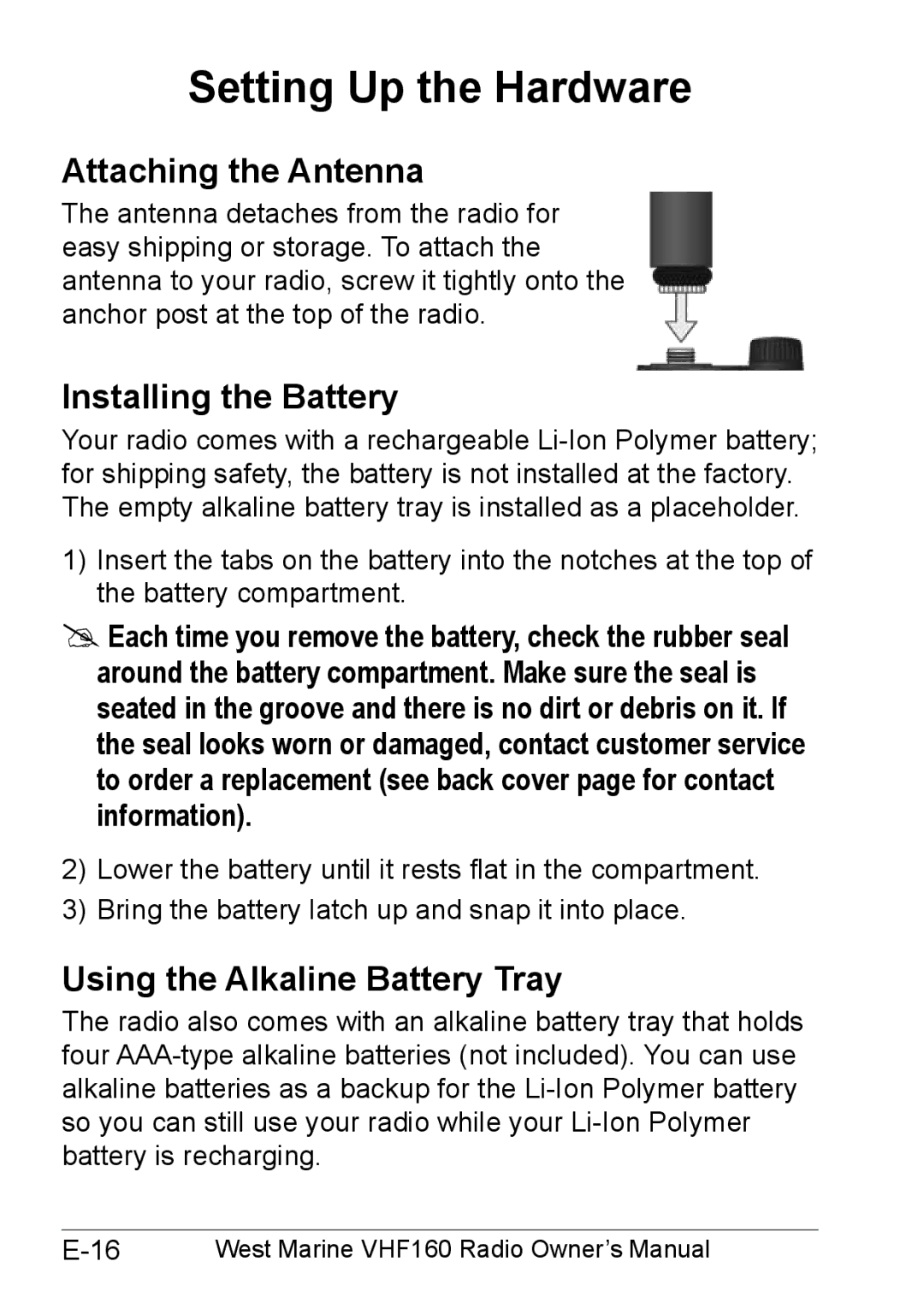 West Marine 14078562 manual Setting Up the Hardware, Attaching the Antenna, Installing the Battery 