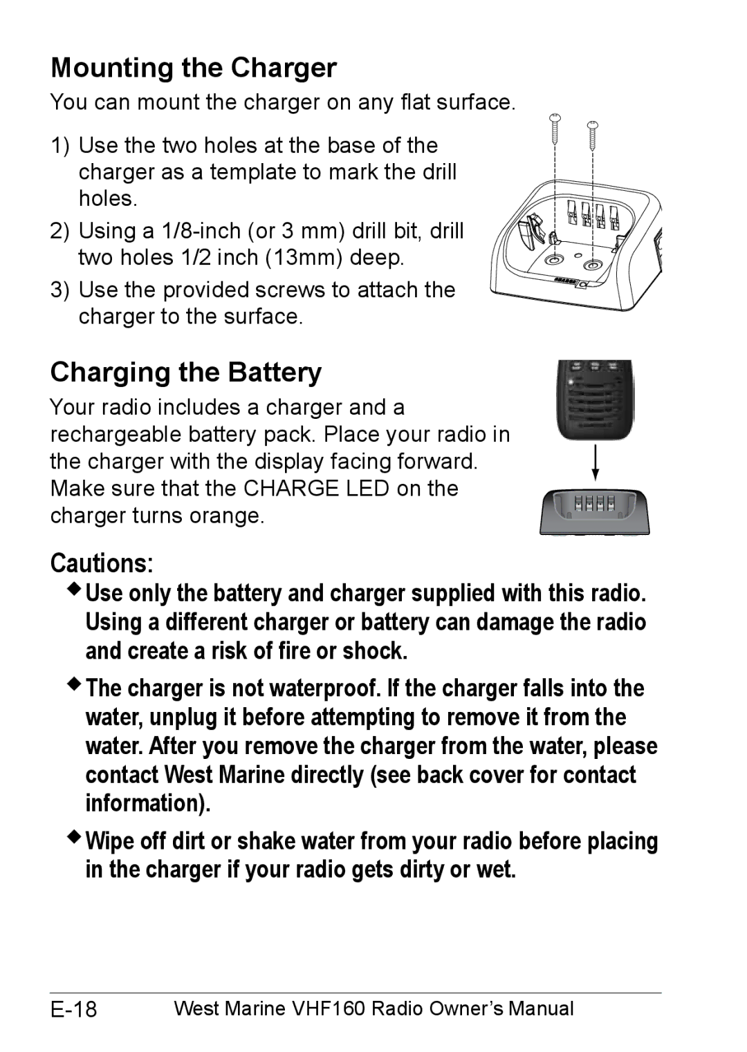 West Marine 14078562 manual Mounting the Charger, Charging the Battery 