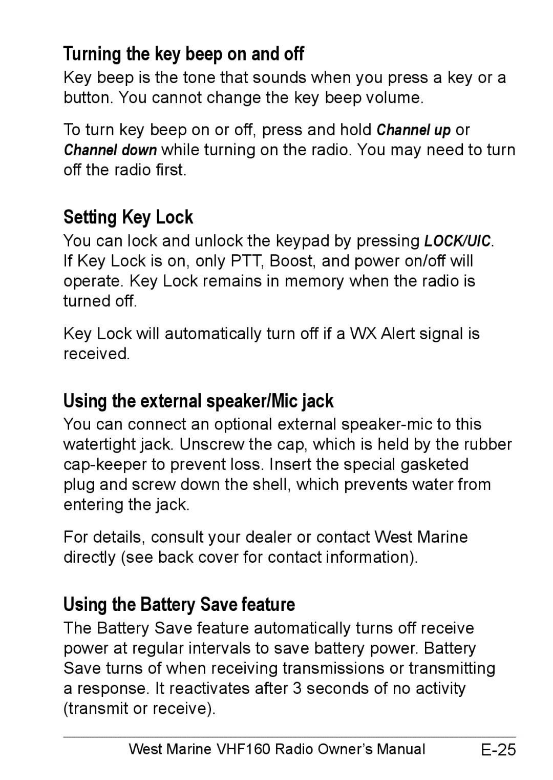 West Marine 14078562 manual Turning the key beep on and off, Setting Key Lock, Using the external speaker/Mic jack 