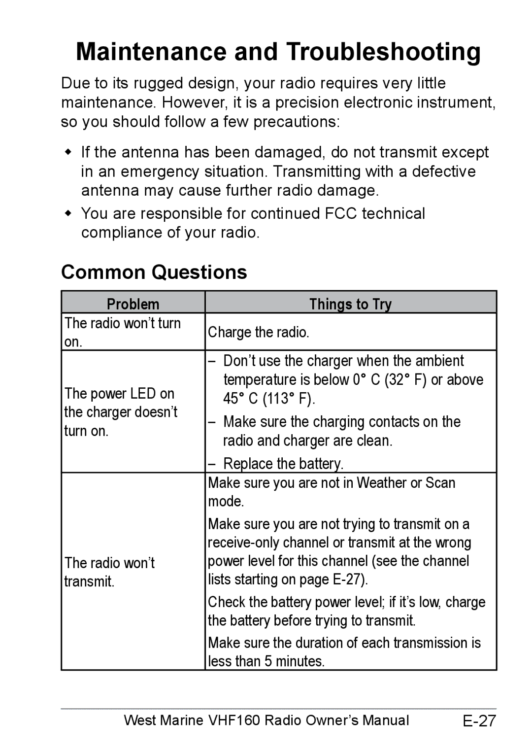 West Marine 14078562 manual Maintenance and Troubleshooting, Common Questions, Problem Things to Try 