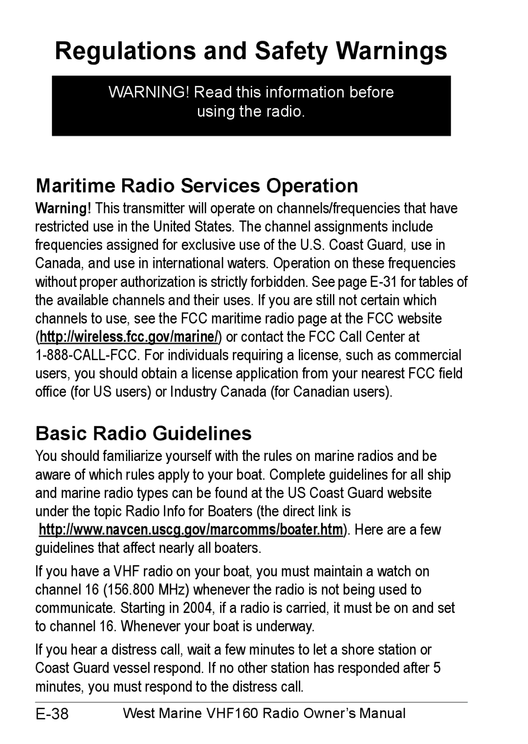 West Marine 14078562 manual Regulations and Safety Warnings, Maritime Radio Services Operation, Basic Radio Guidelines 