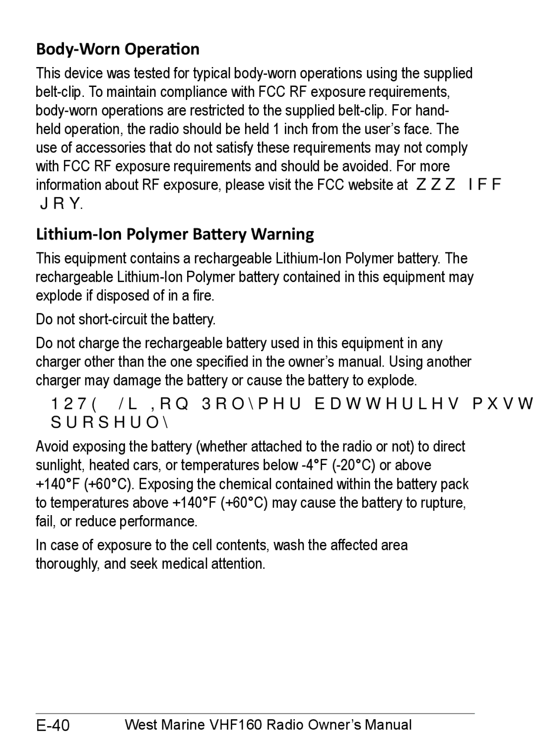 West Marine 14078562 manual Body-Worn Operation Lithium-Ion Polymer Battery Warning 