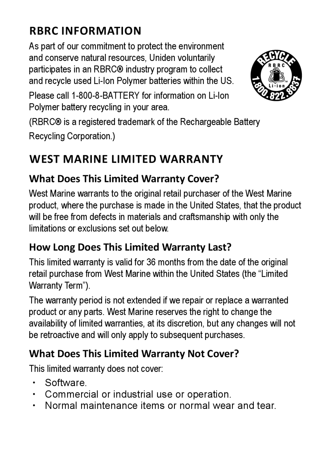 West Marine 14078562 manual Rbrc Information 