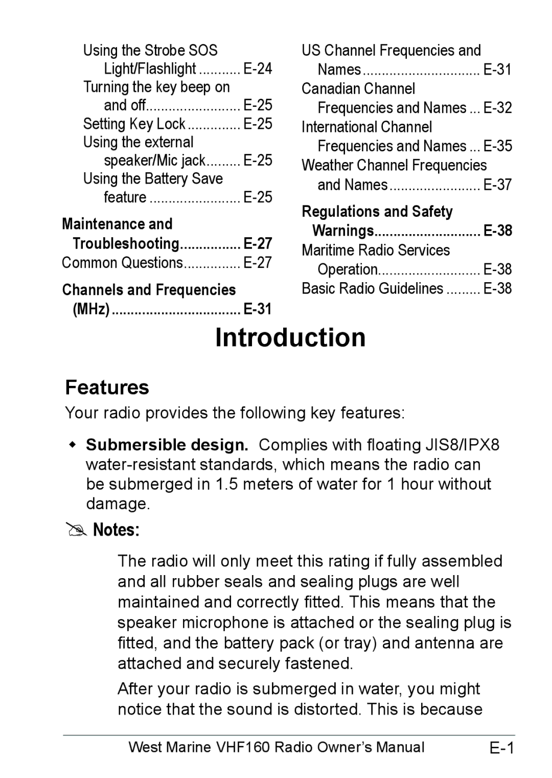 West Marine 14078562 Introduction, Features, Maintenance Troubleshooting, Channels and Frequencies, Regulations and Safety 