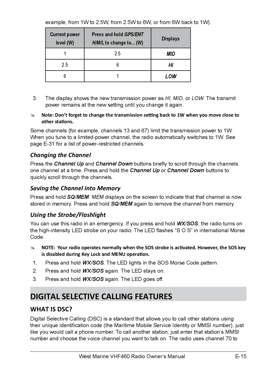 West Marine VHF460 Digital Selective Calling Features, What is DSC?, Changing the Channel, Saving the Channel into Memory 