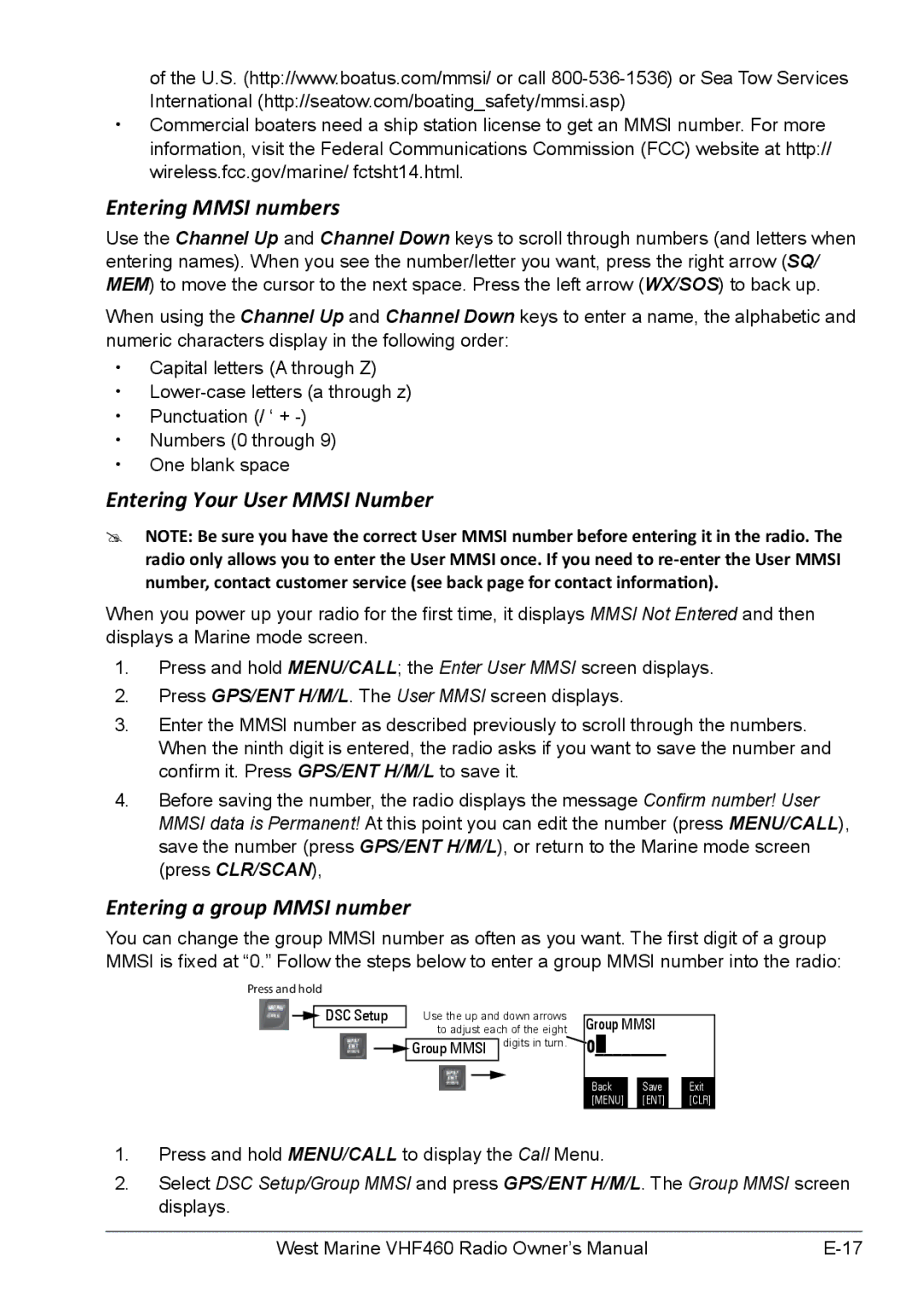 West Marine VHF460, VHF155 manual Entering Mmsi numbers, Entering Your User Mmsi Number, Entering a group Mmsi number 