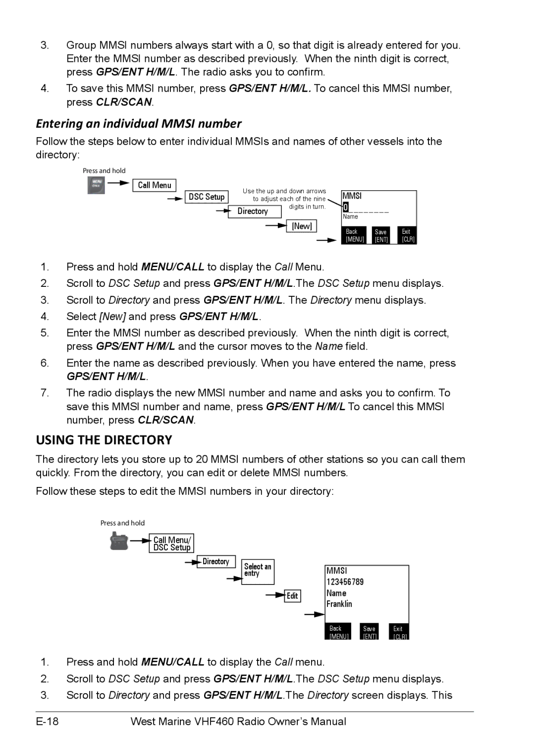 West Marine VHF155, VHF460 manual Using the Directory, Entering an individual Mmsi number 