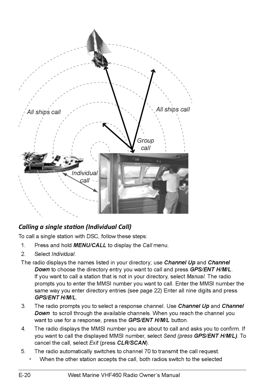 West Marine VHF155, VHF460 manual Calling a single station Individual Call, All ships call, Select Individual 