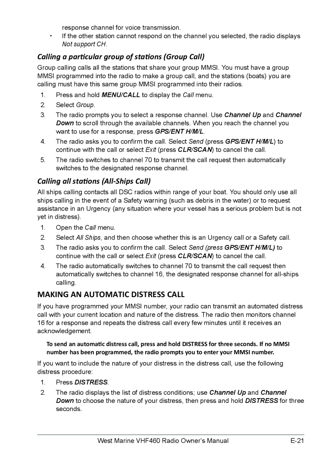 West Marine VHF460, VHF155 manual Making an automatic distress call, Calling a particular group of stations Group Call 