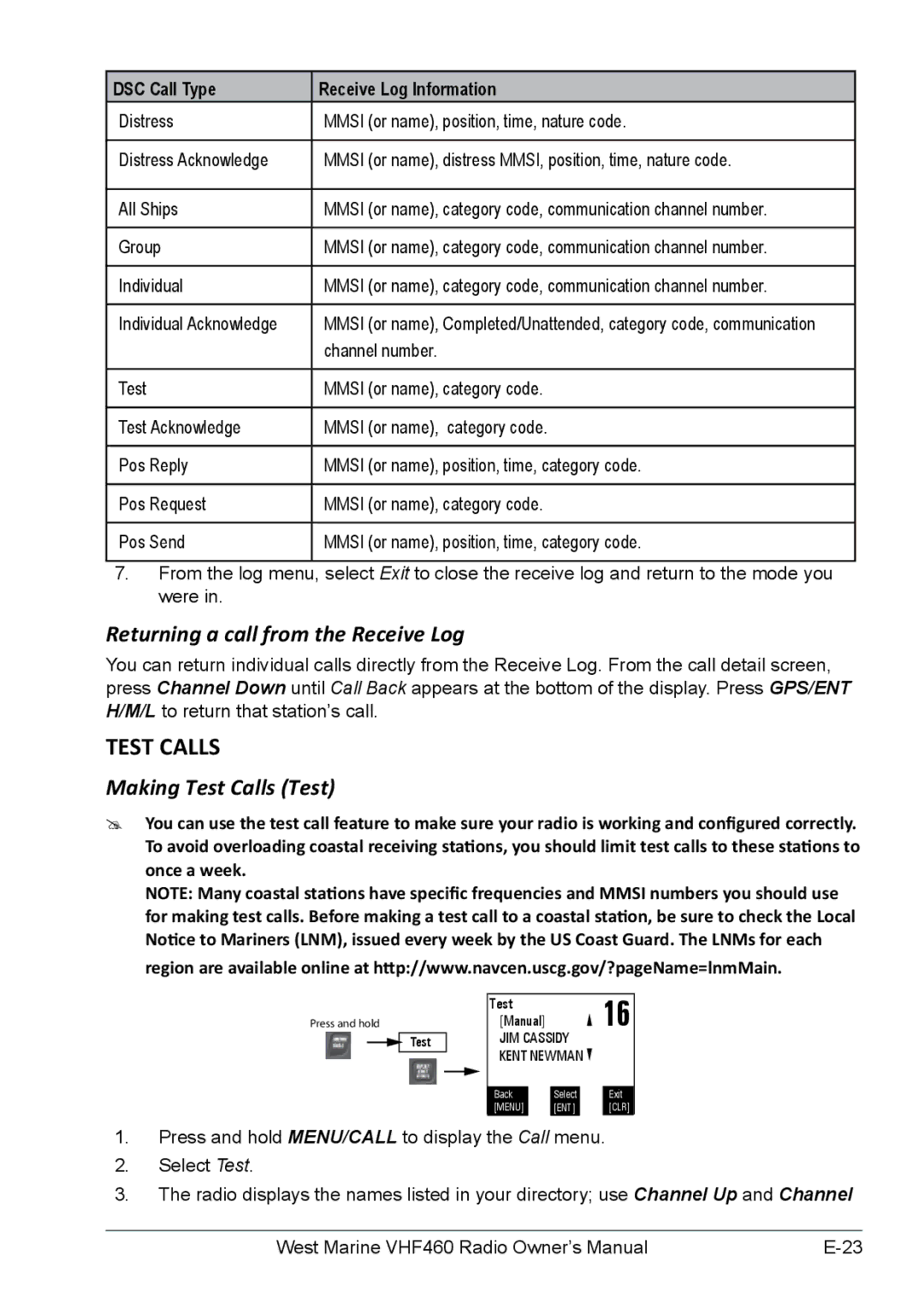 West Marine VHF460, VHF155 manual Returning a call from the Receive Log, Making Test Calls Test 