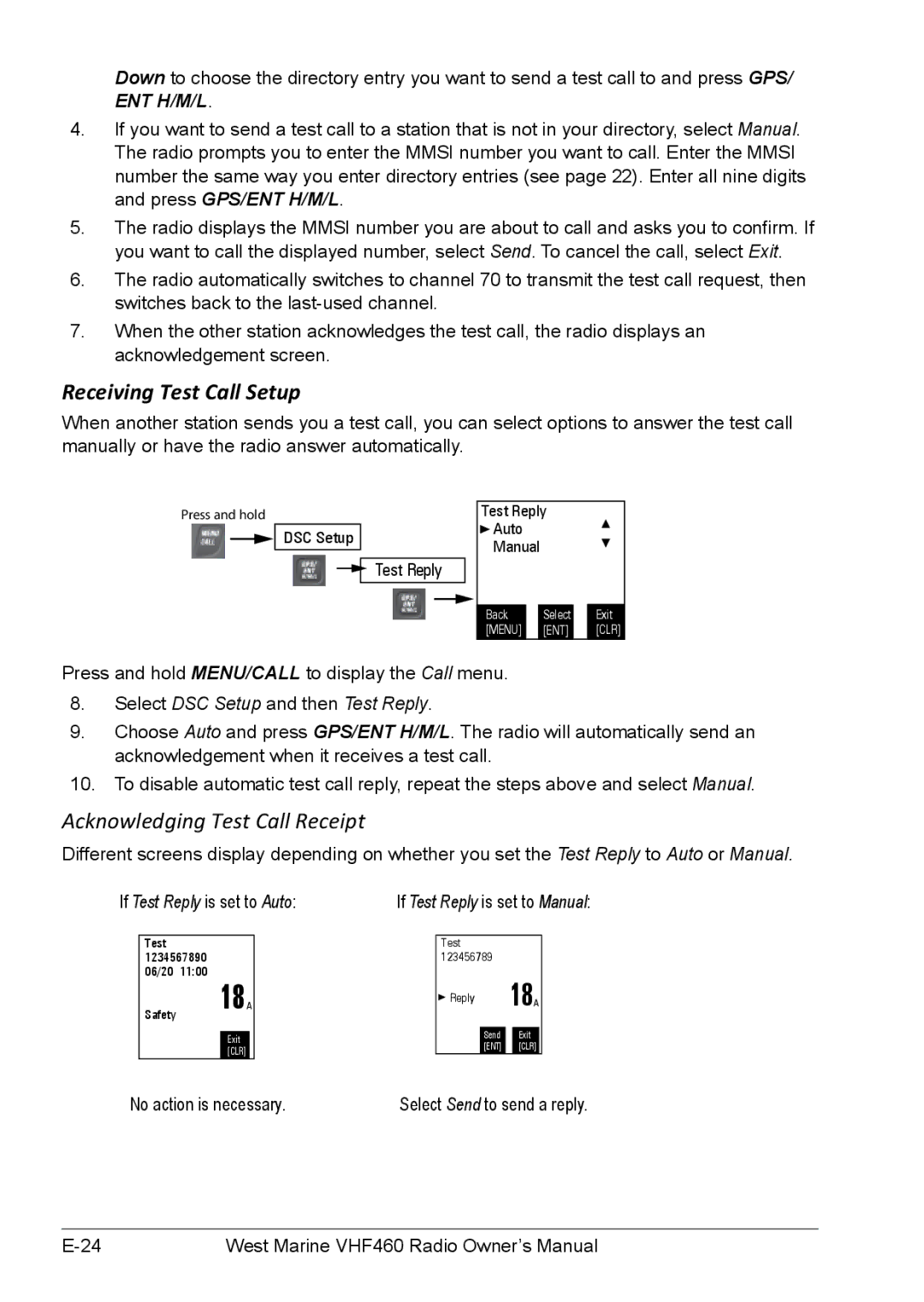 West Marine VHF155 manual Receiving Test Call Setup, Acknowledging Test Call Receipt, Select DSC Setup and then Test Reply 