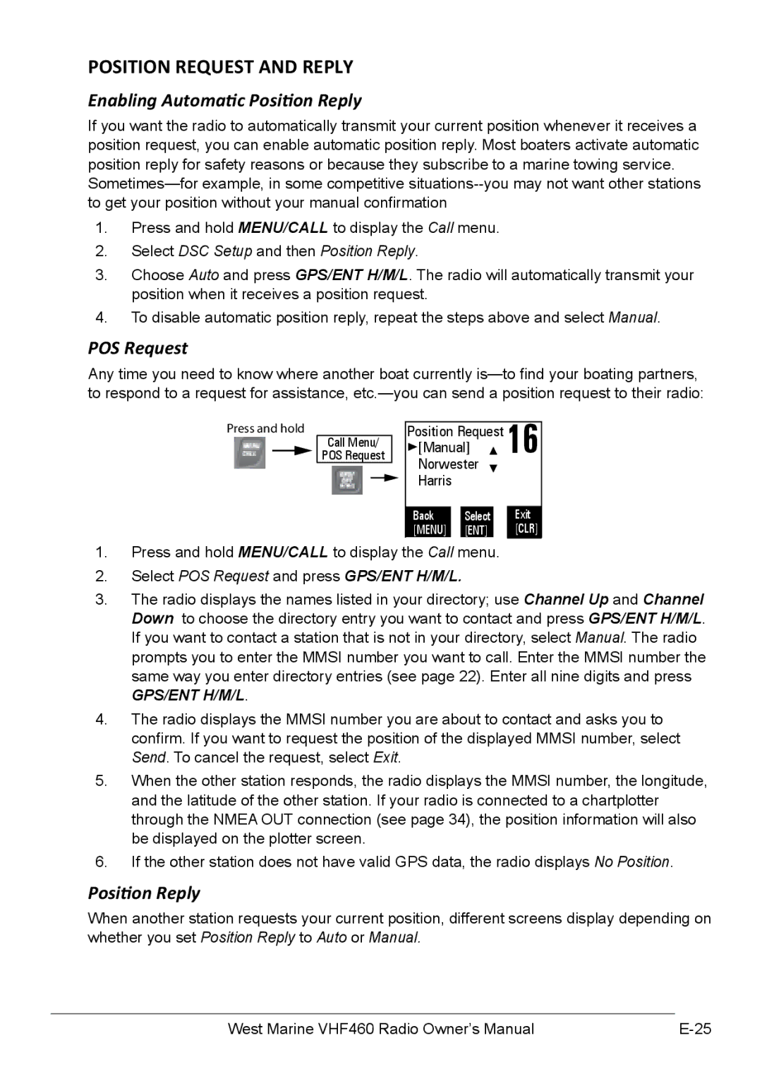 West Marine VHF460, VHF155 manual Position Request and Reply, Enabling Automatic Position Reply, POS Request 